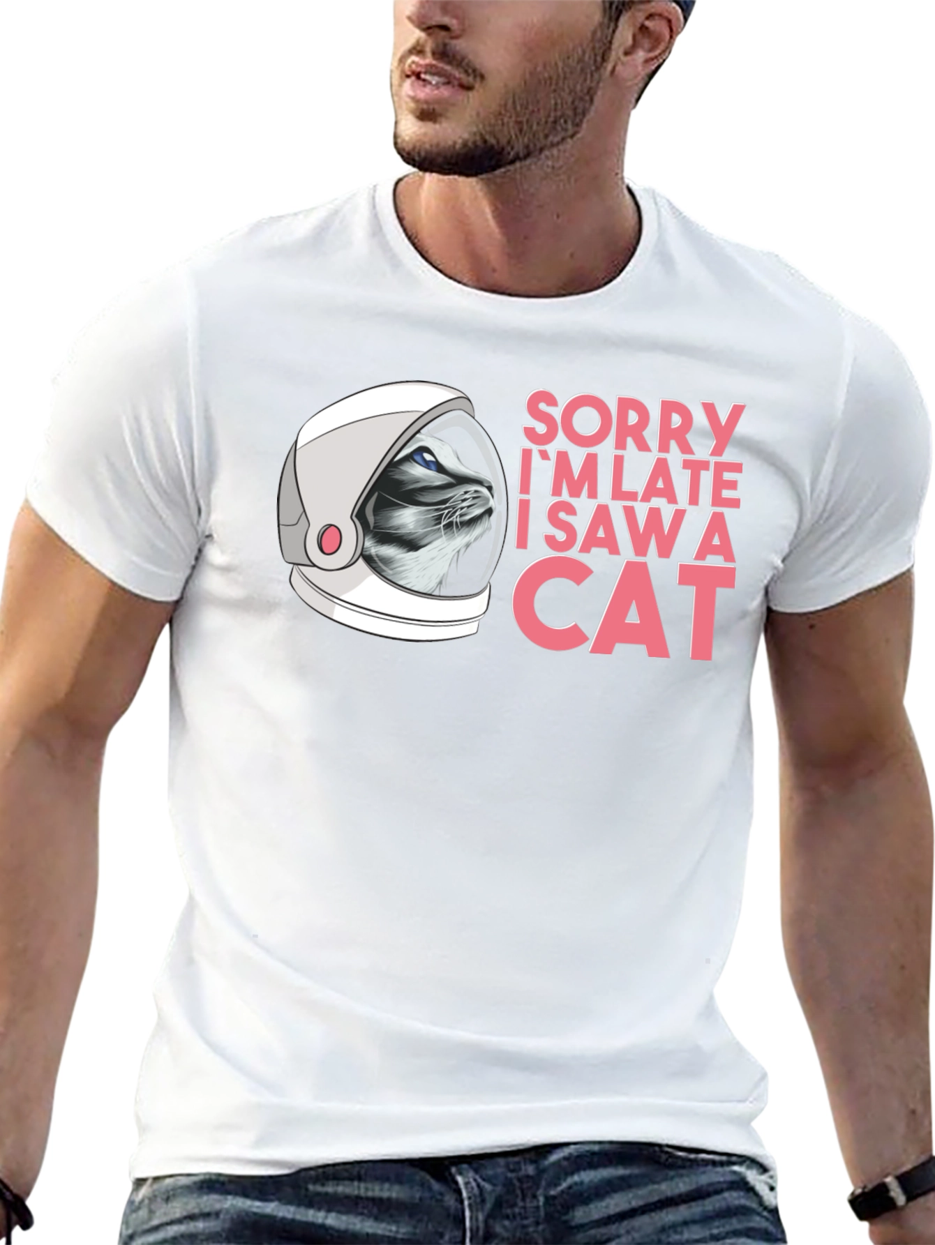 Sorry Im Late Cat Astronaut Black T-Shirt