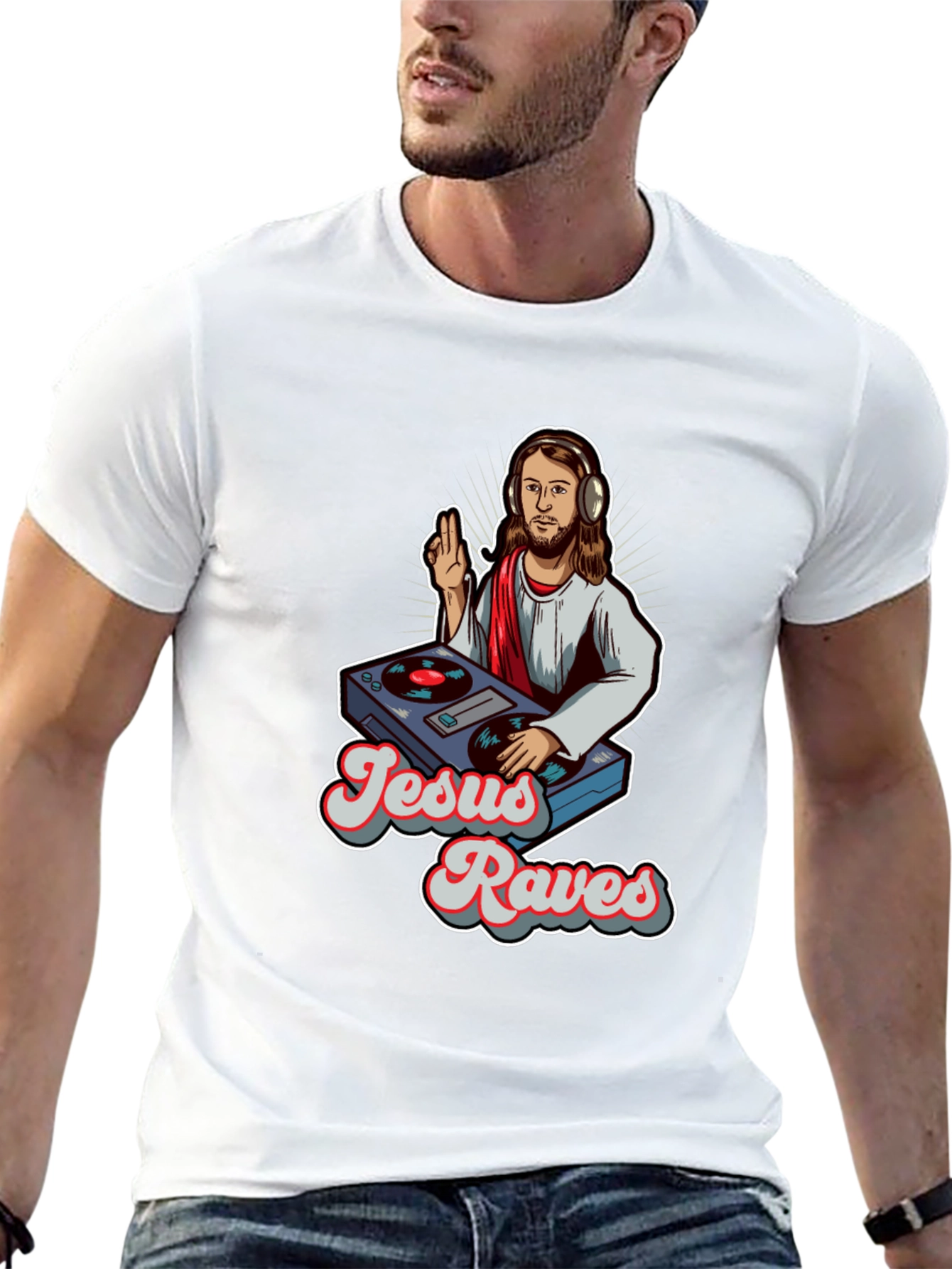 Jesus Raves Graphic Tee - Black Crewneck T-Shirt