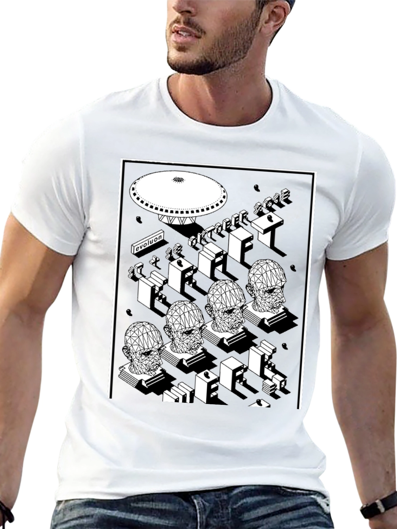 Geometric Sci-Fi Graphic T-Shirt - Black
