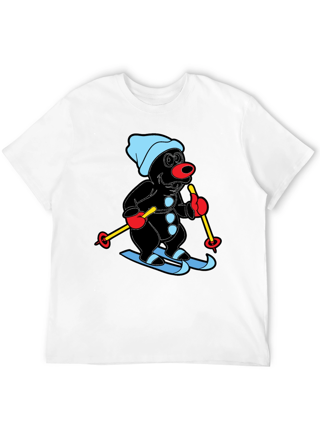 Cartoon Mole Skiing Graphic Black T-Shirt