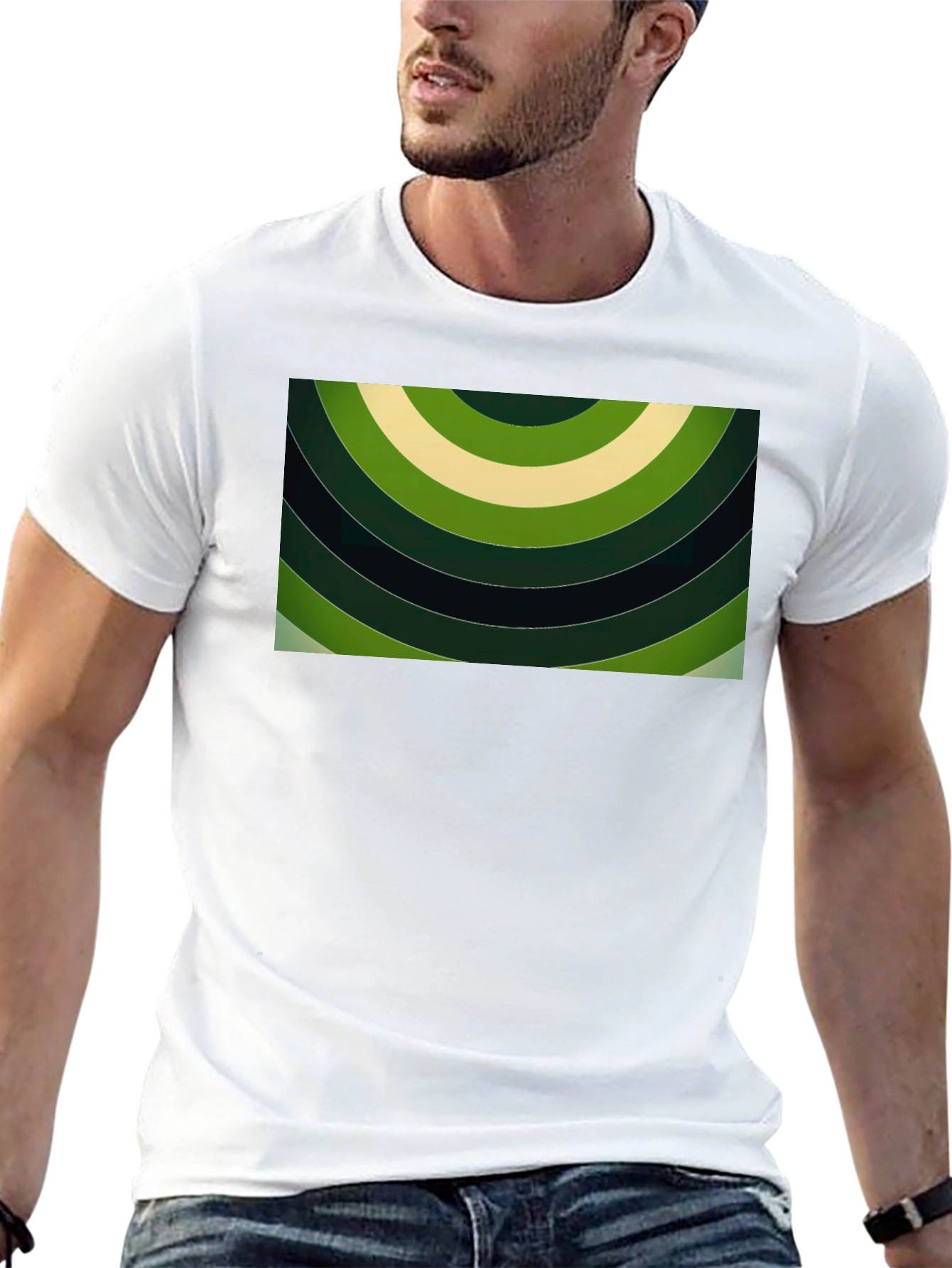 Abstract Green Rings Graphic Black T-Shirt