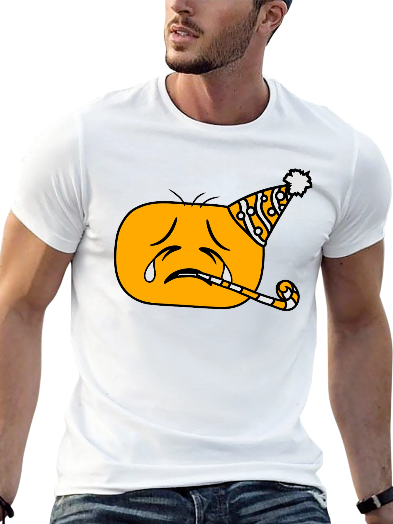Sad Party Emoji Graphic T-Shirt - Black Crew Neck
