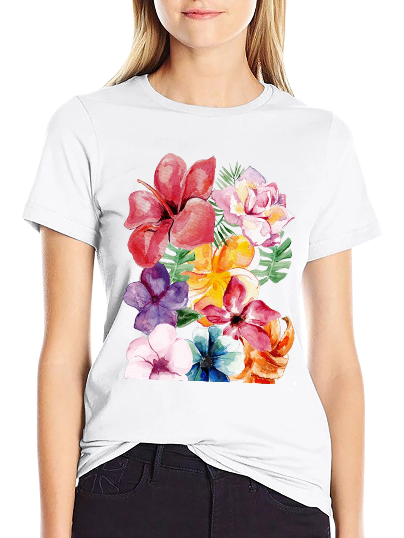 Floral Print Black T-Shirt - Tropical Flower Design