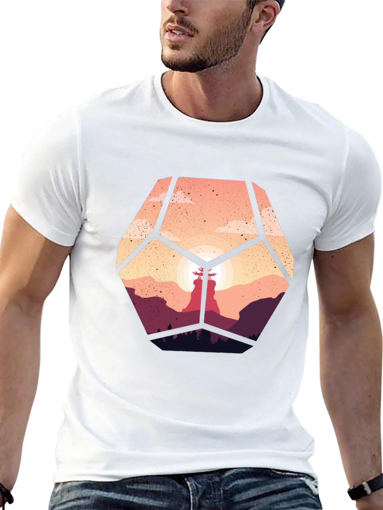 Geometric Sunset Graphic Tee - Stylish Mens Black T-Shirt