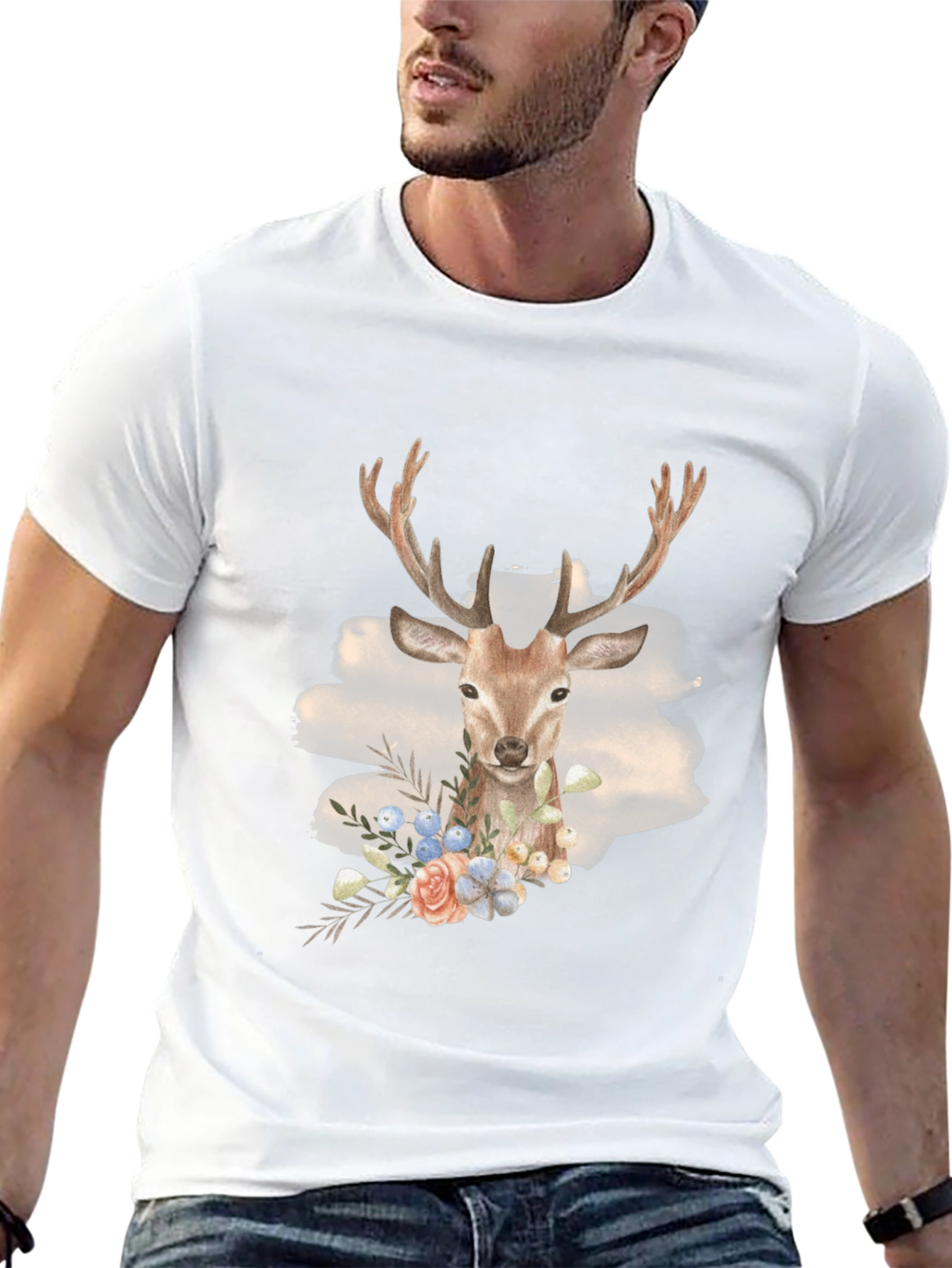 Deer Floral Graphic Black T-Shirt