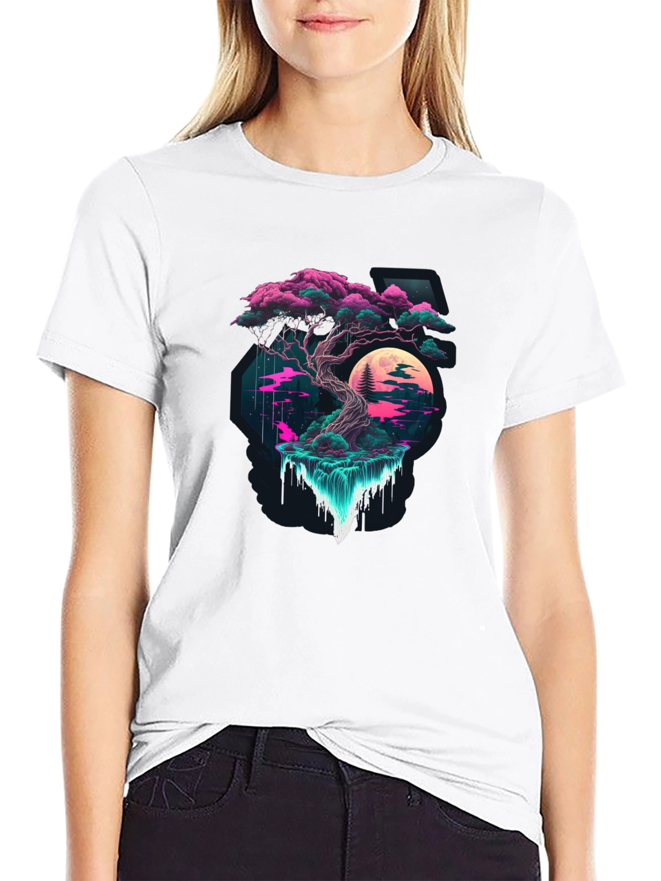 Neon Bonsai Tree Black T-Shirt