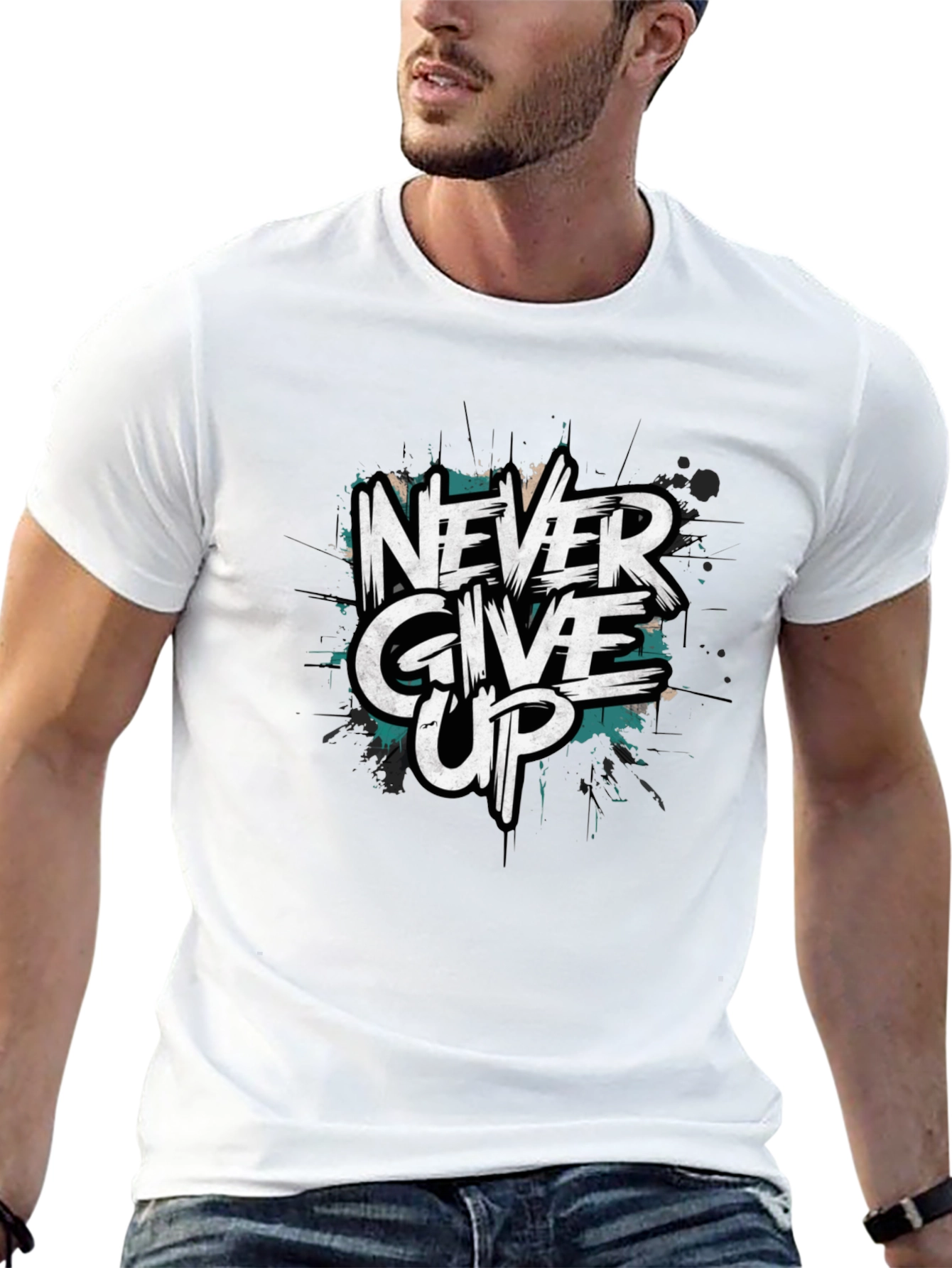 Never Give Up Graphic Print Black T-Shirt