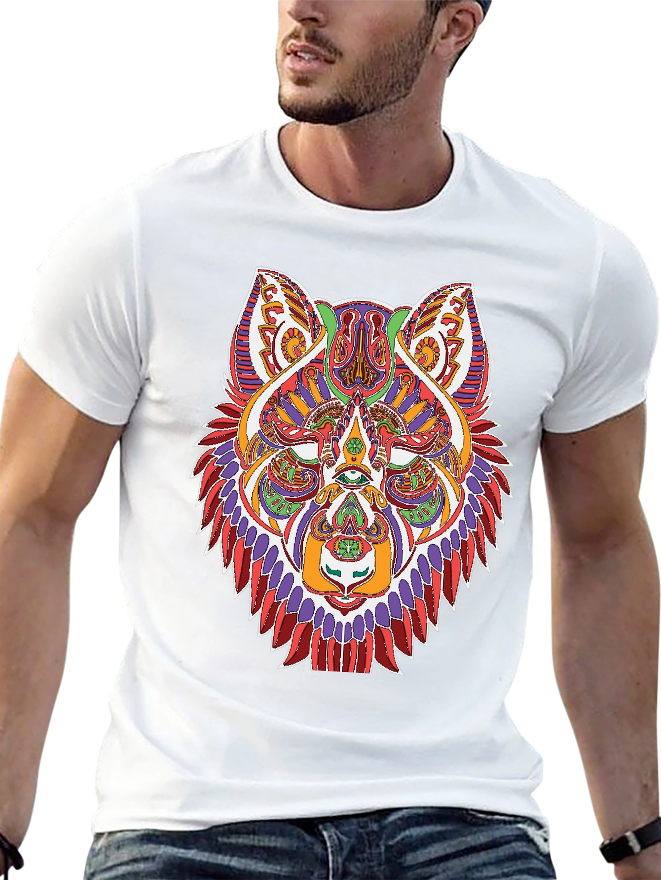 Geometric Wolf Graphic Print Black T-Shirt