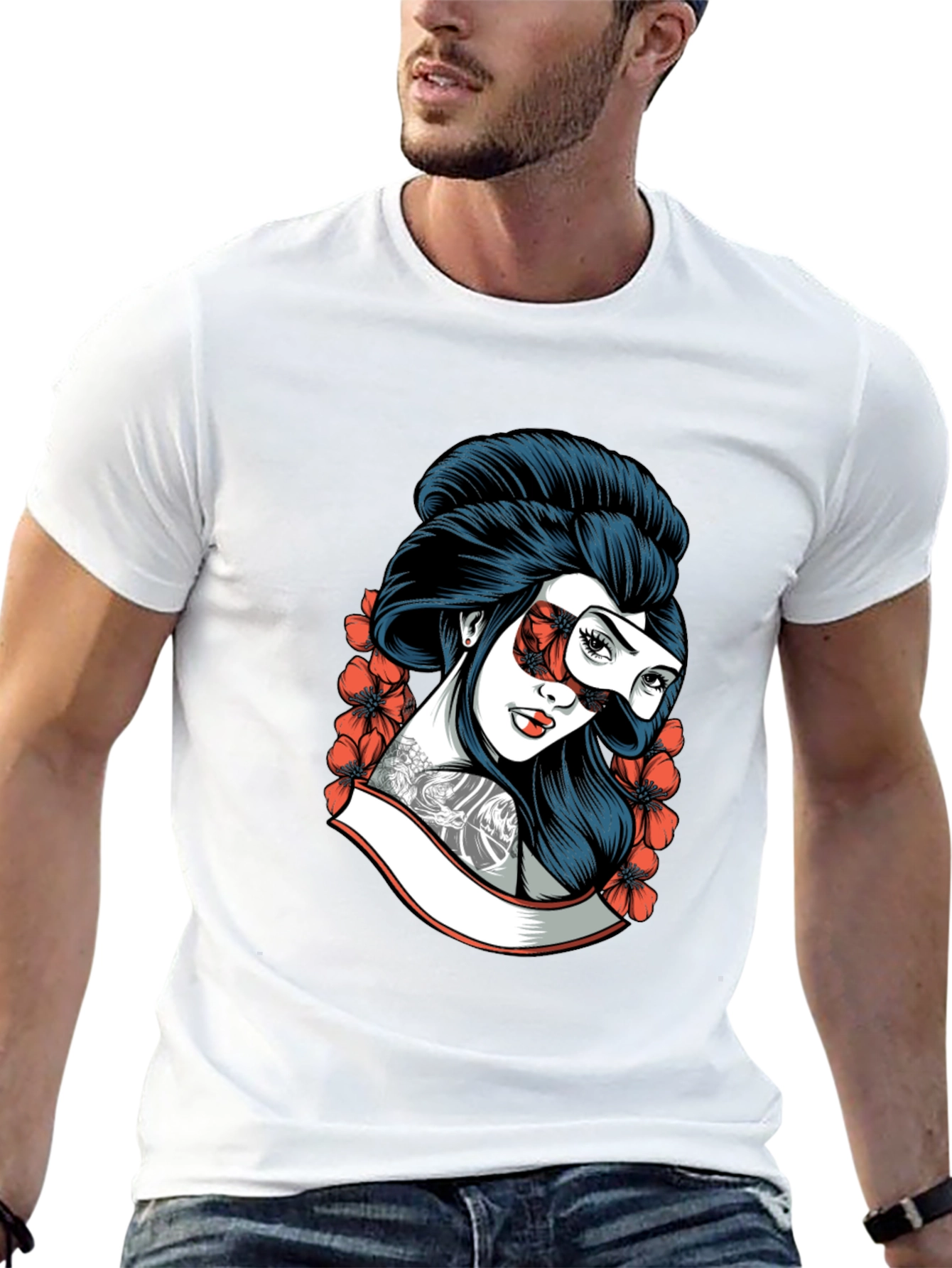 Geisha Mask Graphic Tee - Black Cotton T-Shirt