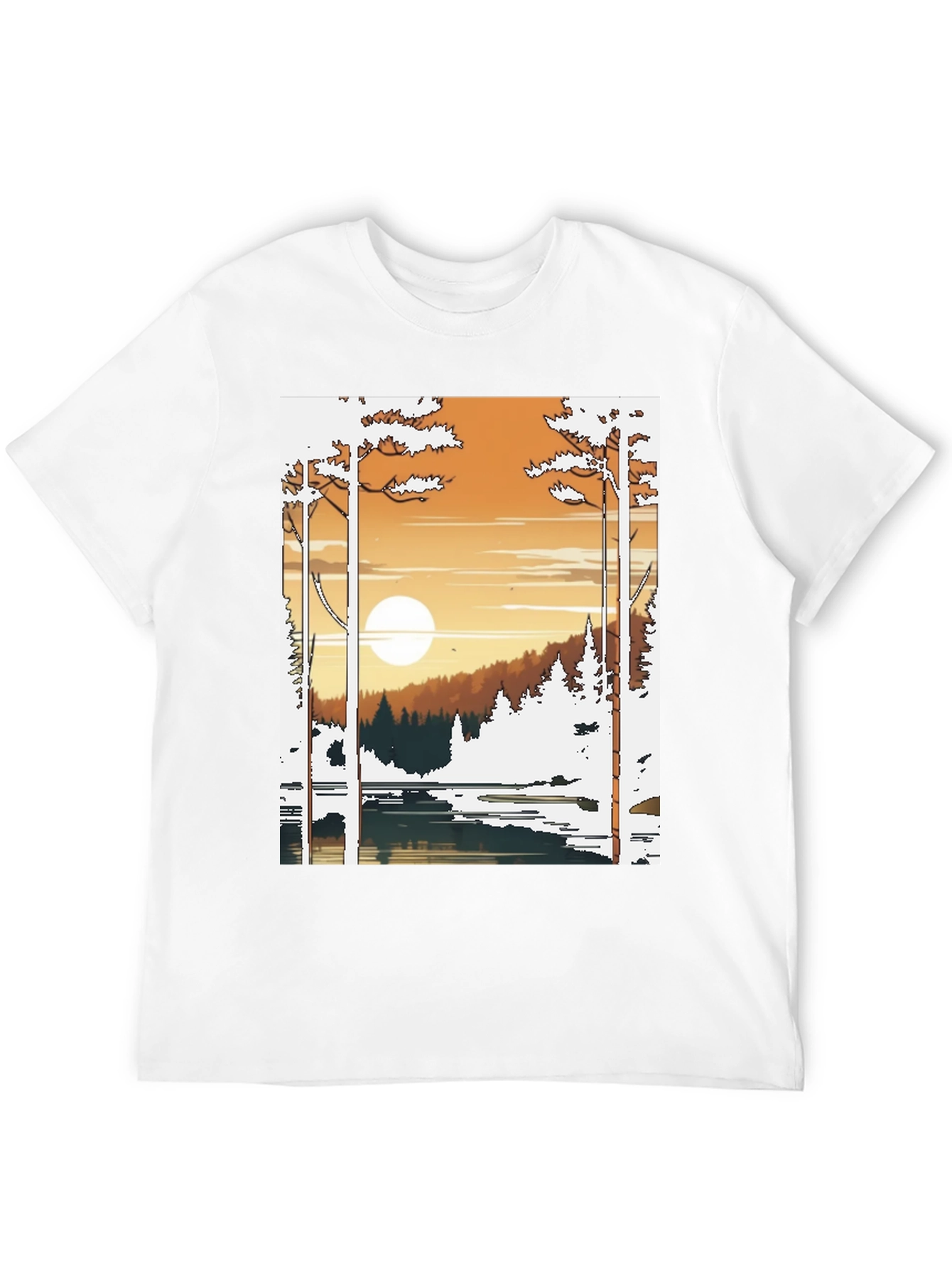Nature Scene Graphic Tee - Lake and Sunset Design