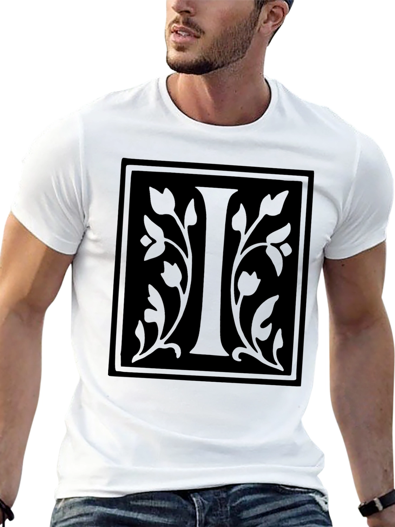 Initial I Floral Graphic Black T-Shirt