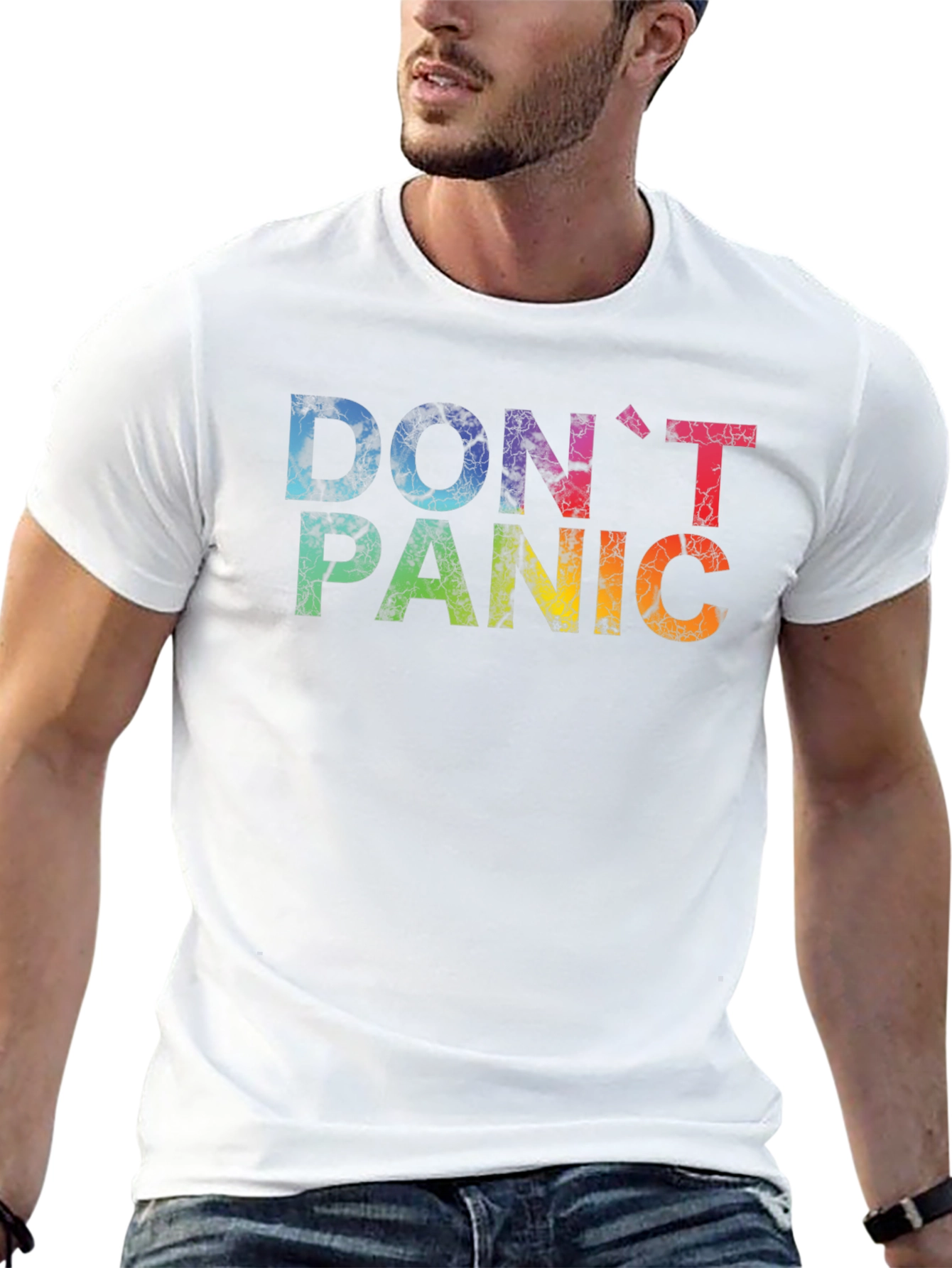 Dont Panic Rainbow Text Black T-Shirt