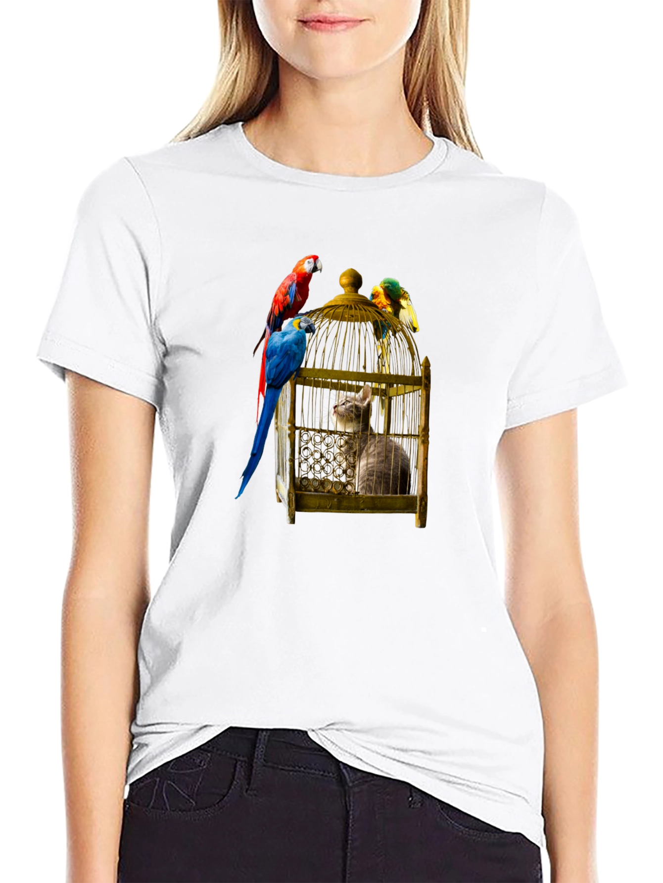 Cat in Cage T-Shirt with Parrots