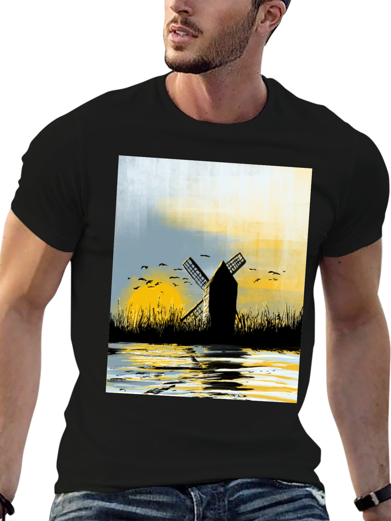 Windmill Graphic Tee - Artistic Black T-Shirt