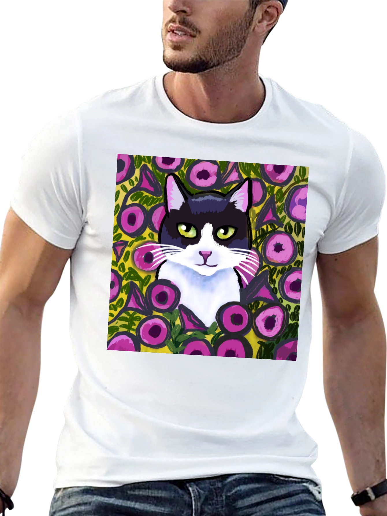 Floral Cat Graphic Tee - Black