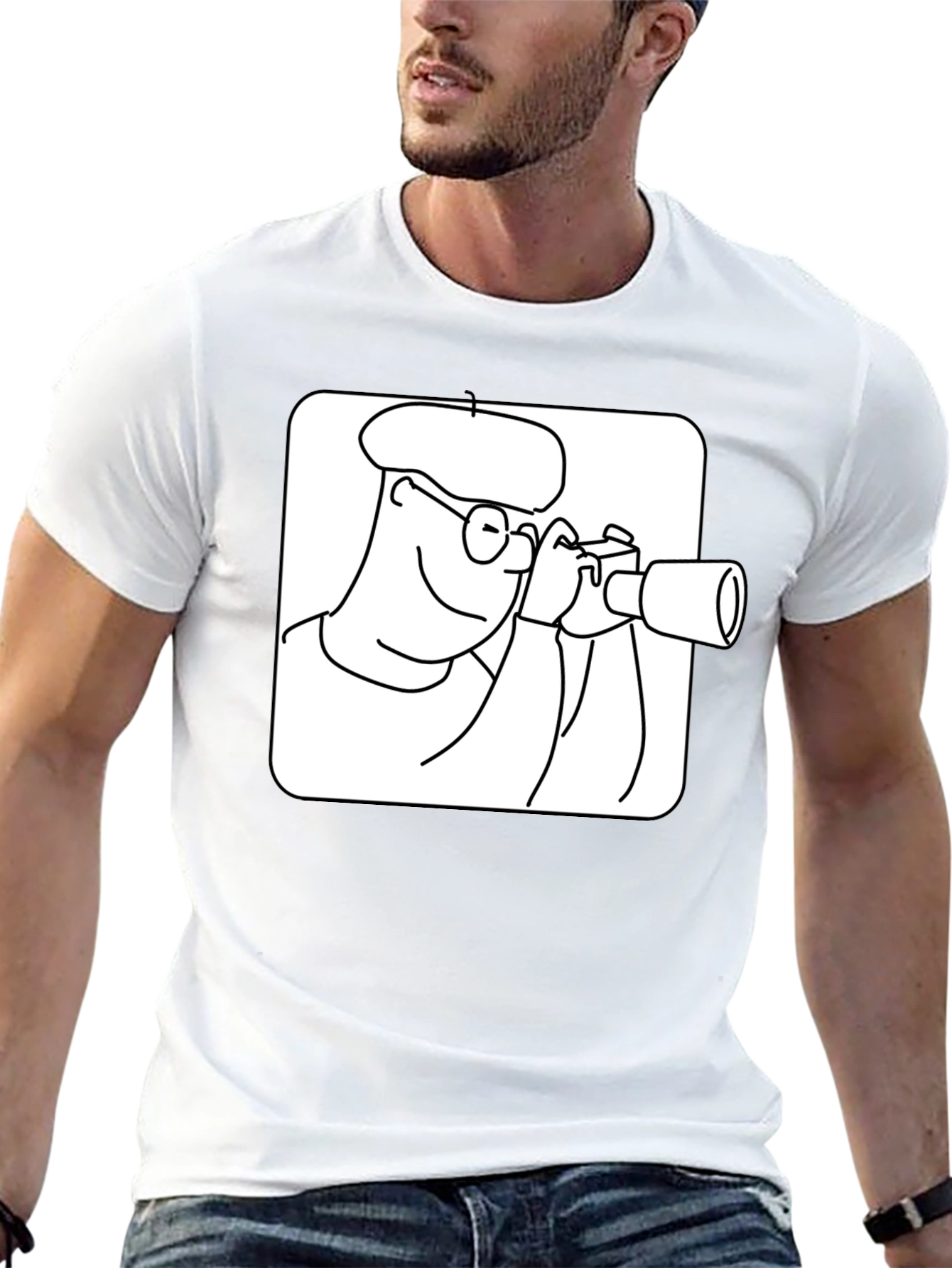 Black T-Shirt with Cartoon Photographer Design