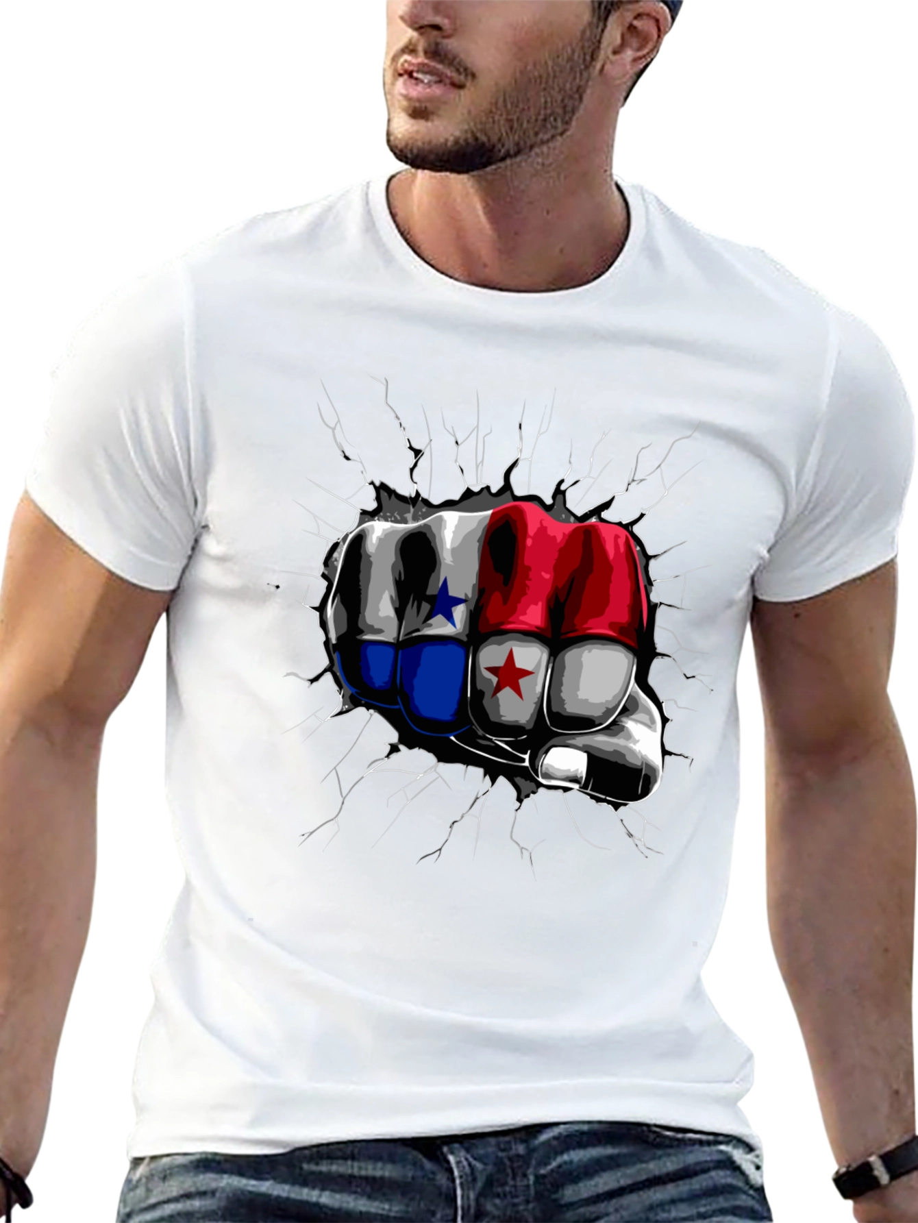 Panama Flag Fist Breaking Wall Mens Black T-Shirt