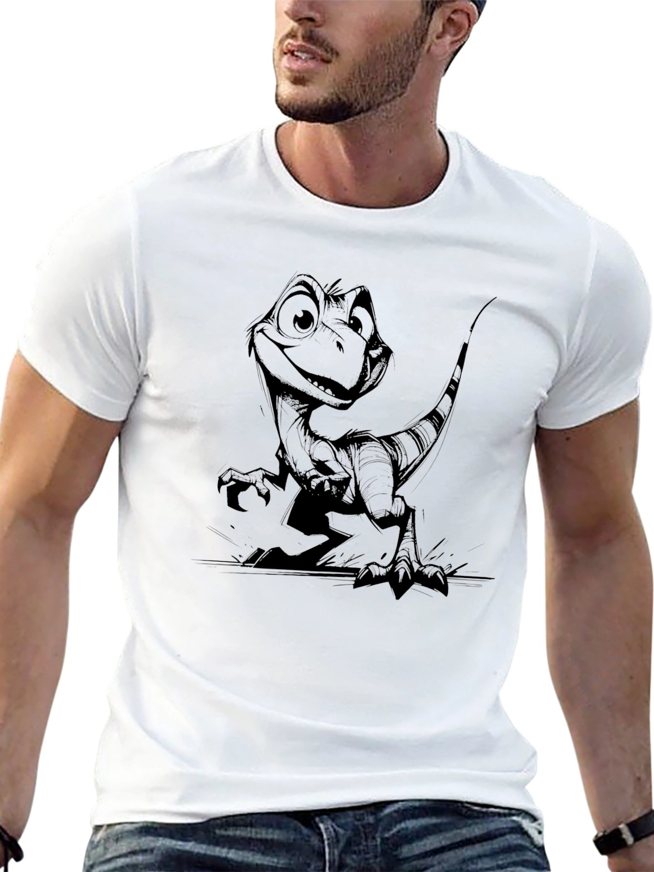 Cartoon Dinosaur Graphic Tee - Black