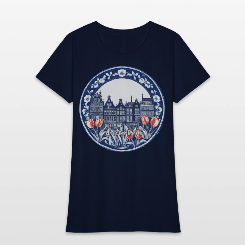 Amsterdam Houses Red Tulips Dutch Blue