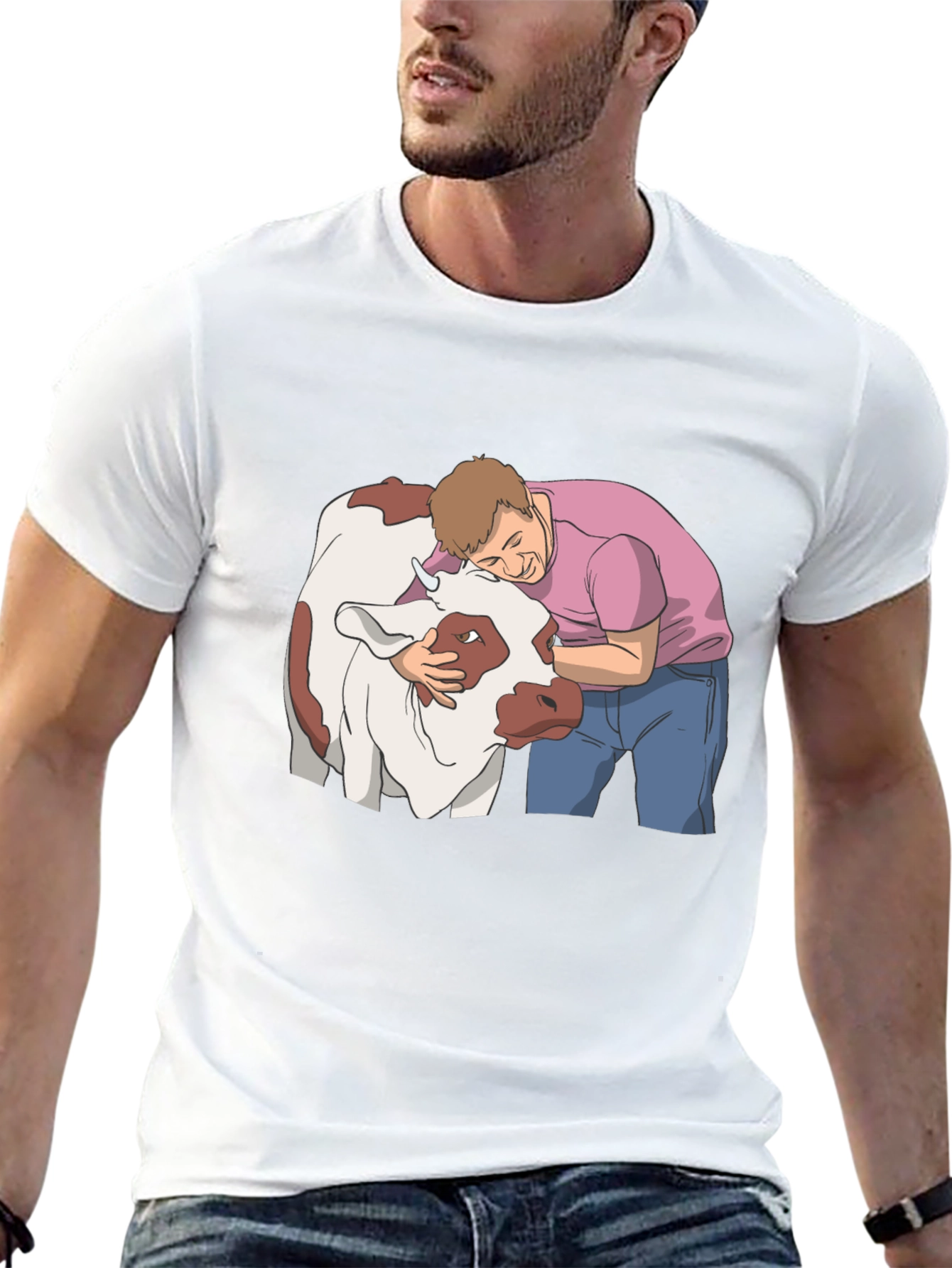 Man Hugging Cow Graphic Tee - Black Cotton T-Shirt