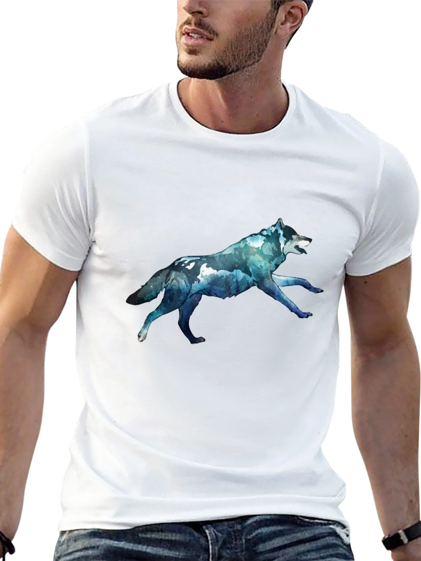 Mens Black T-Shirt with Wolf Graphic