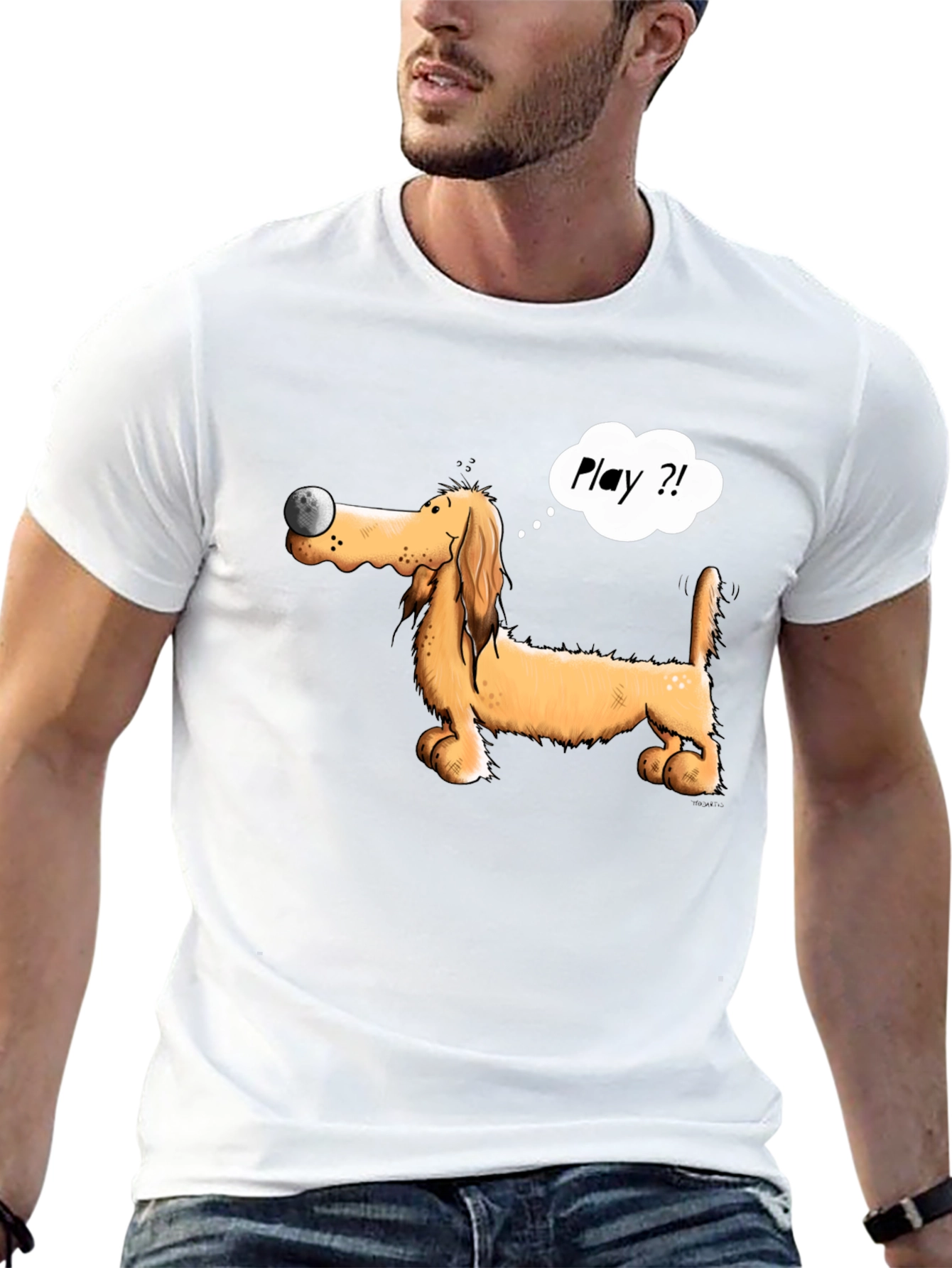 Playful Dog T-Shirt - Cartoon Dachshund with Ball
