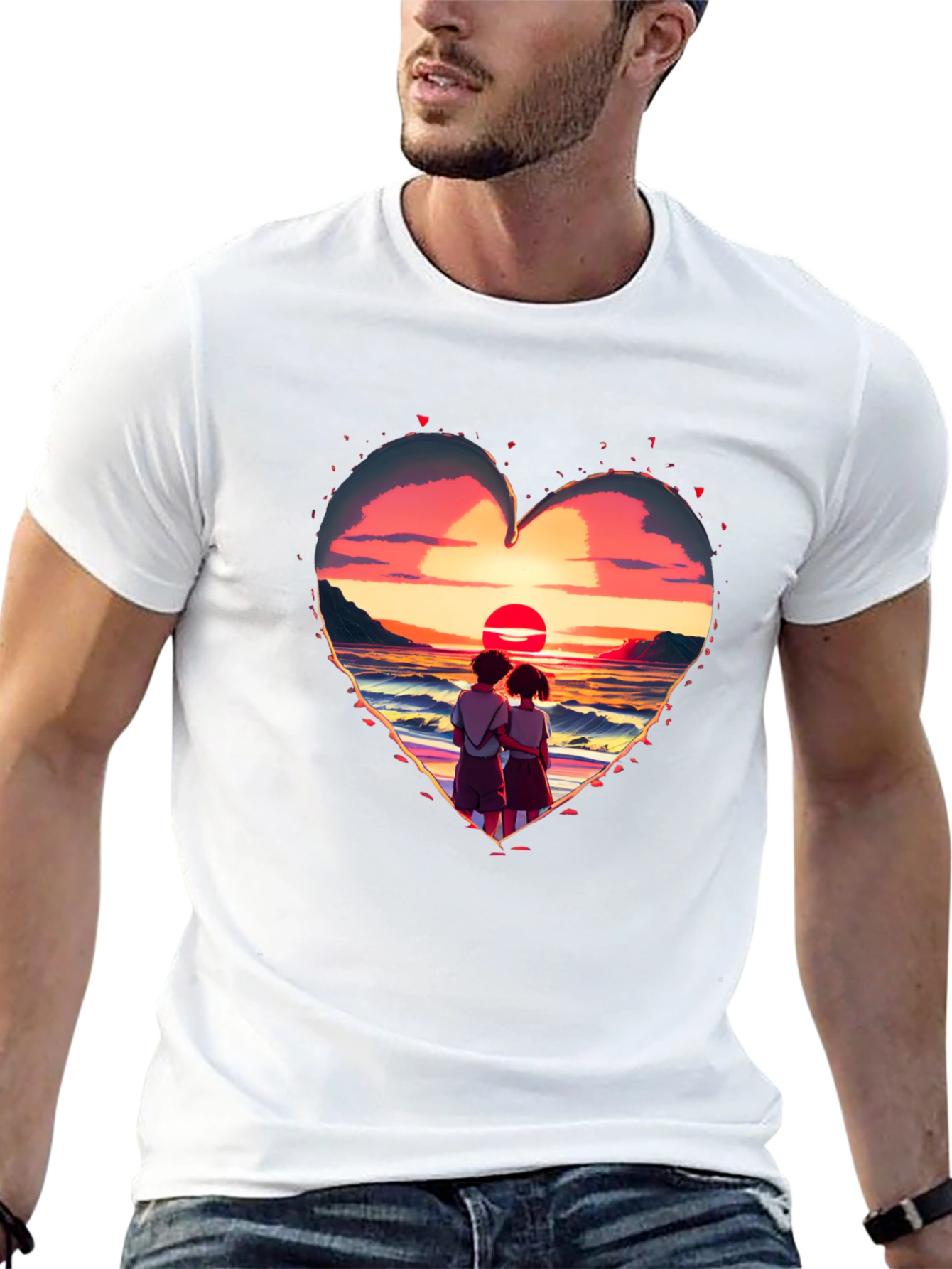 Sunset Lovers Heart Graphic Tee - Romantic Style