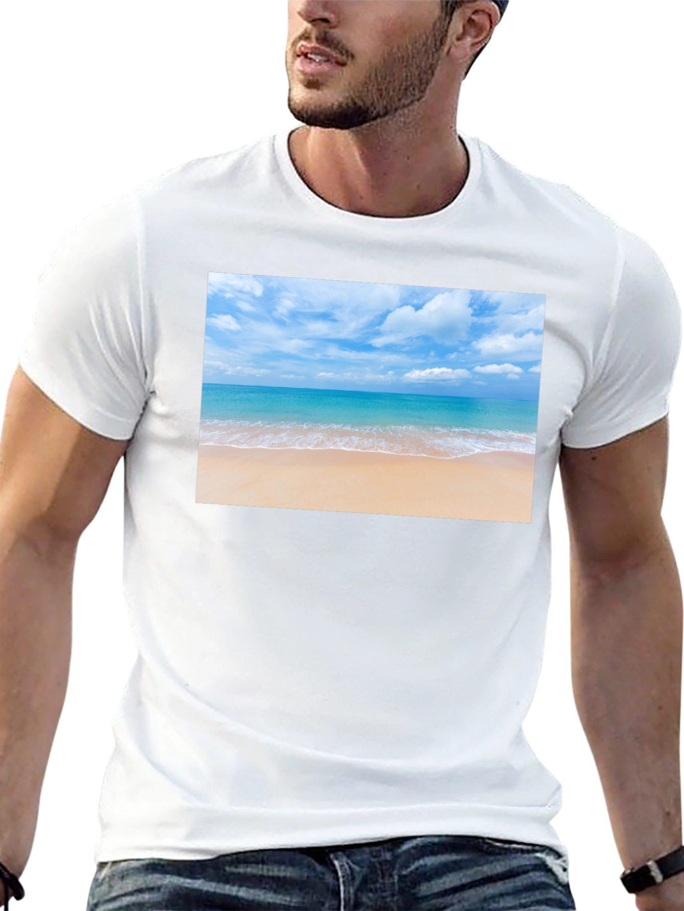 Beach Scene Graphic Tee - Black Cotton T-Shirt