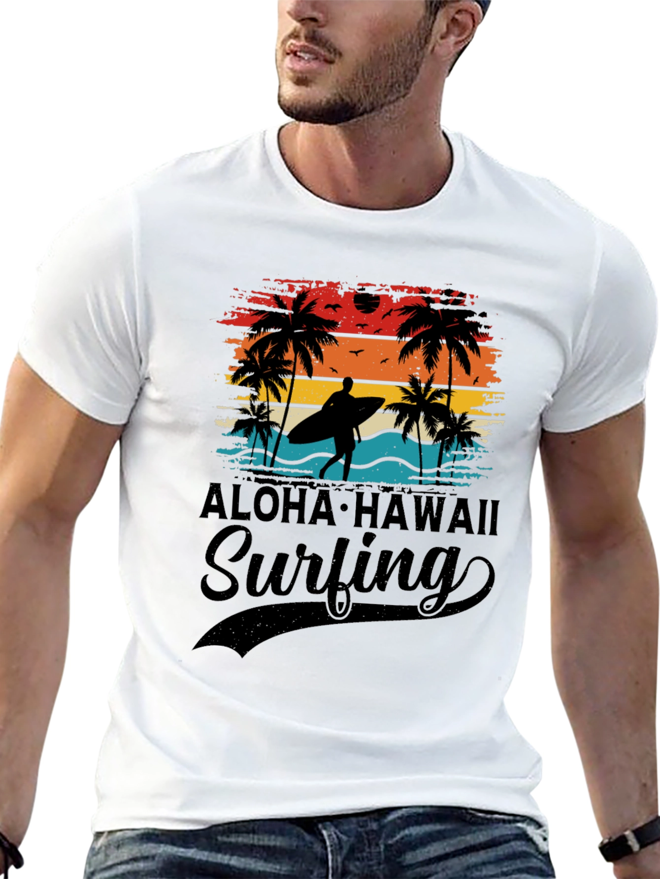 Aloha Hawaii Surfing T-Shirt Palm Tree Sunset Tee