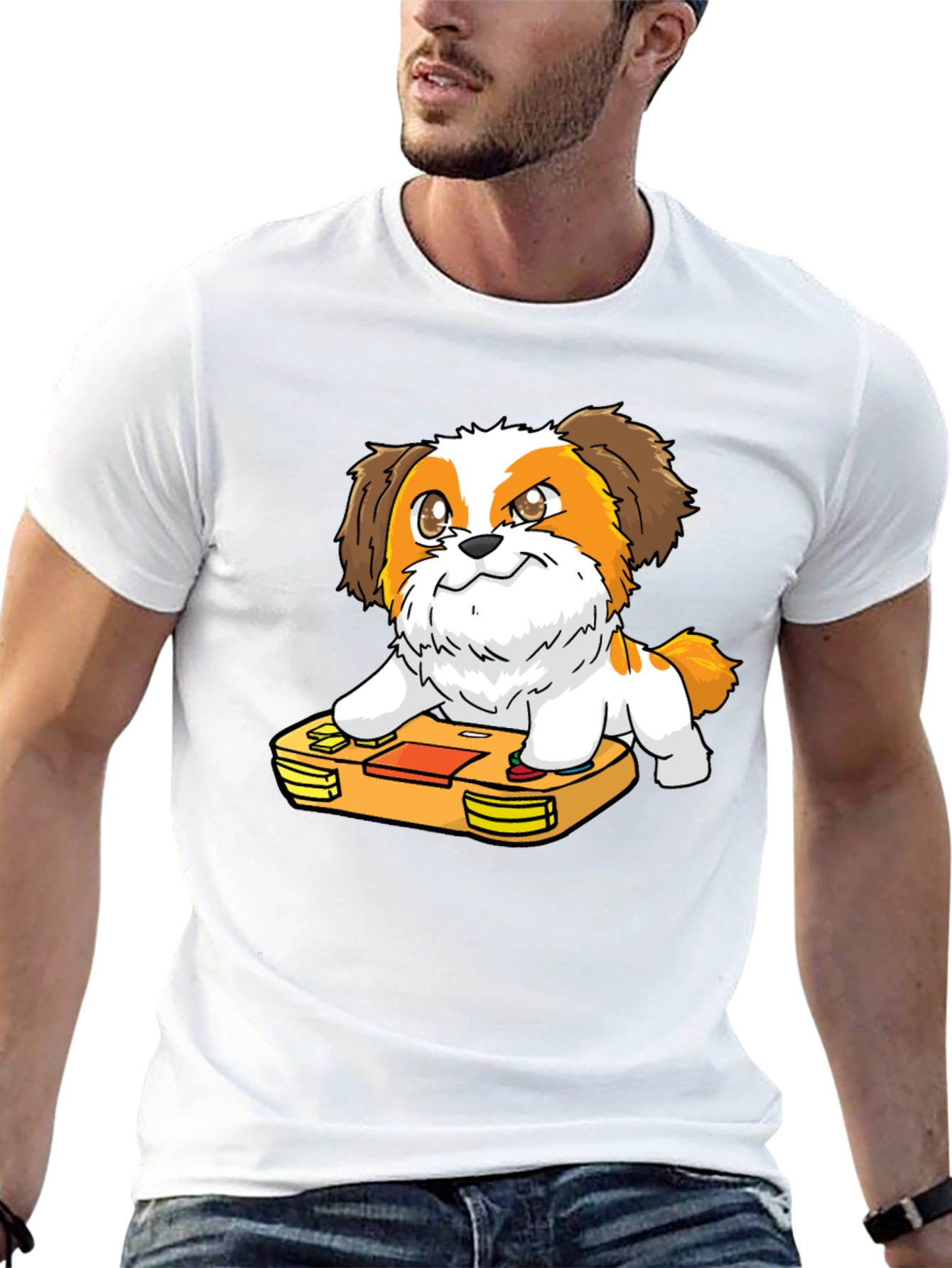 Cartoon Dog on Retro Game Console Black T-Shirt