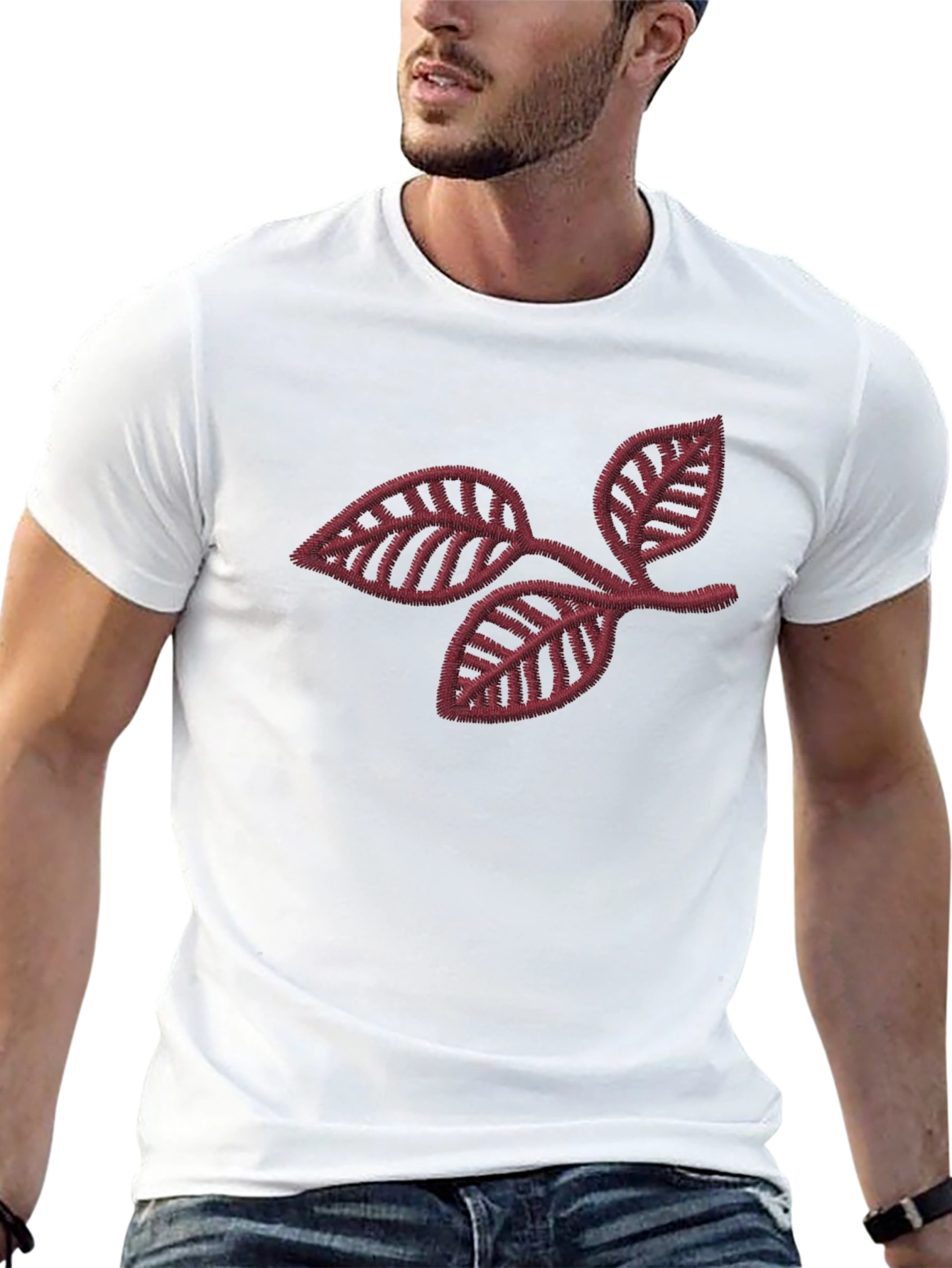Black T-Shirt with Leaf Branch Embroidery
