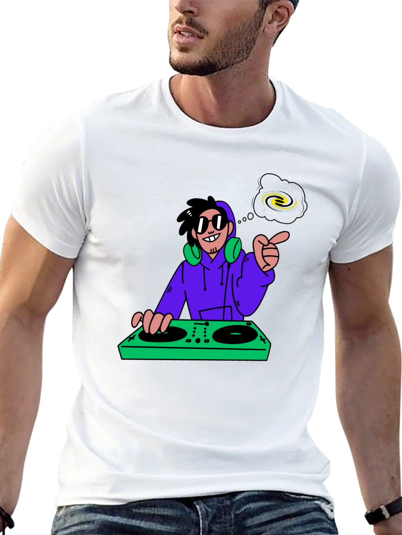 DJ Cartoon Graphic Tee - Black Cotton Casual Wear