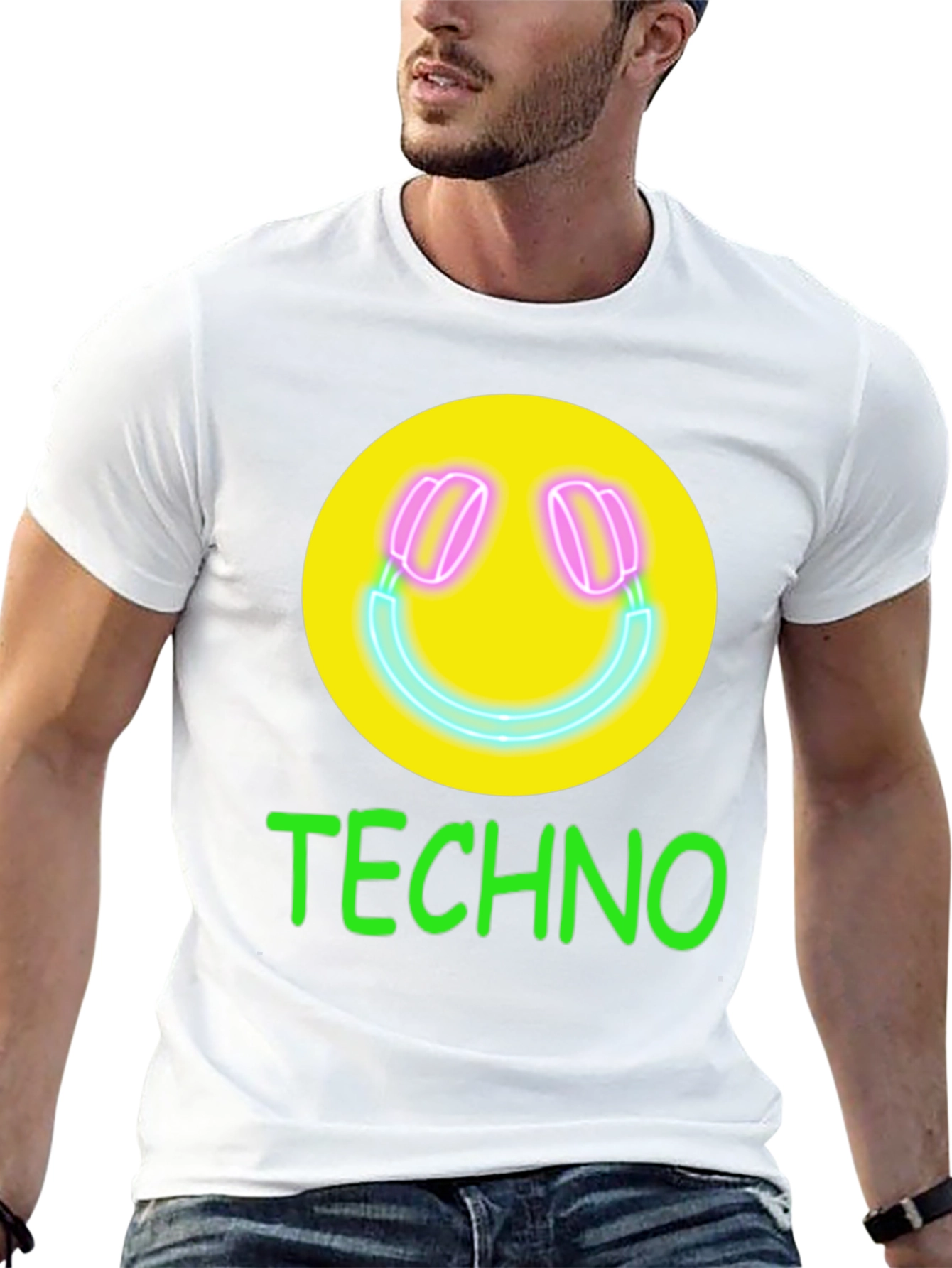 Techno Smiley Face Graphic Tee - Neon Music Vibes!