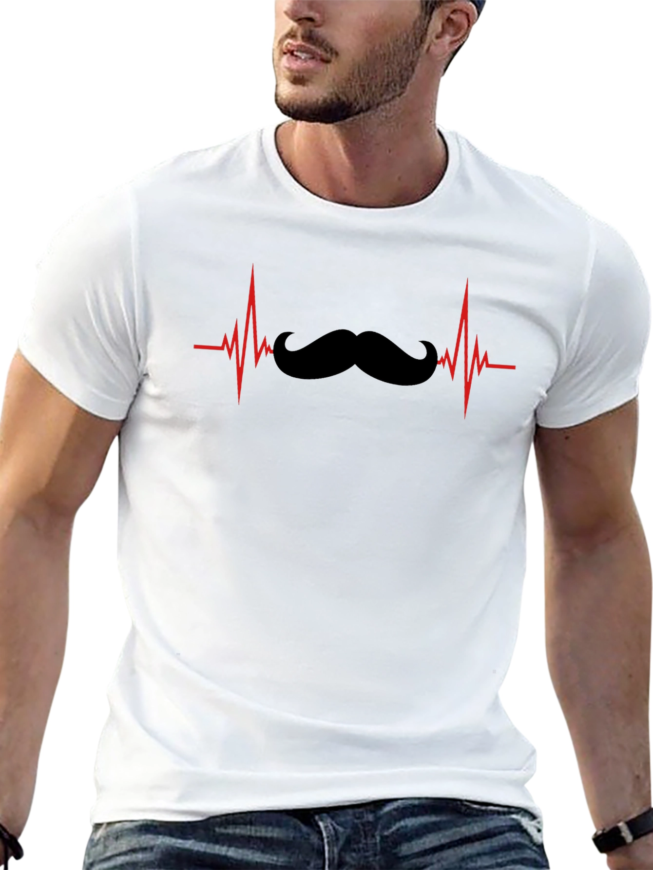 Mustache Heartbeat Graphic Tee - Novelty Black T-Shirt
