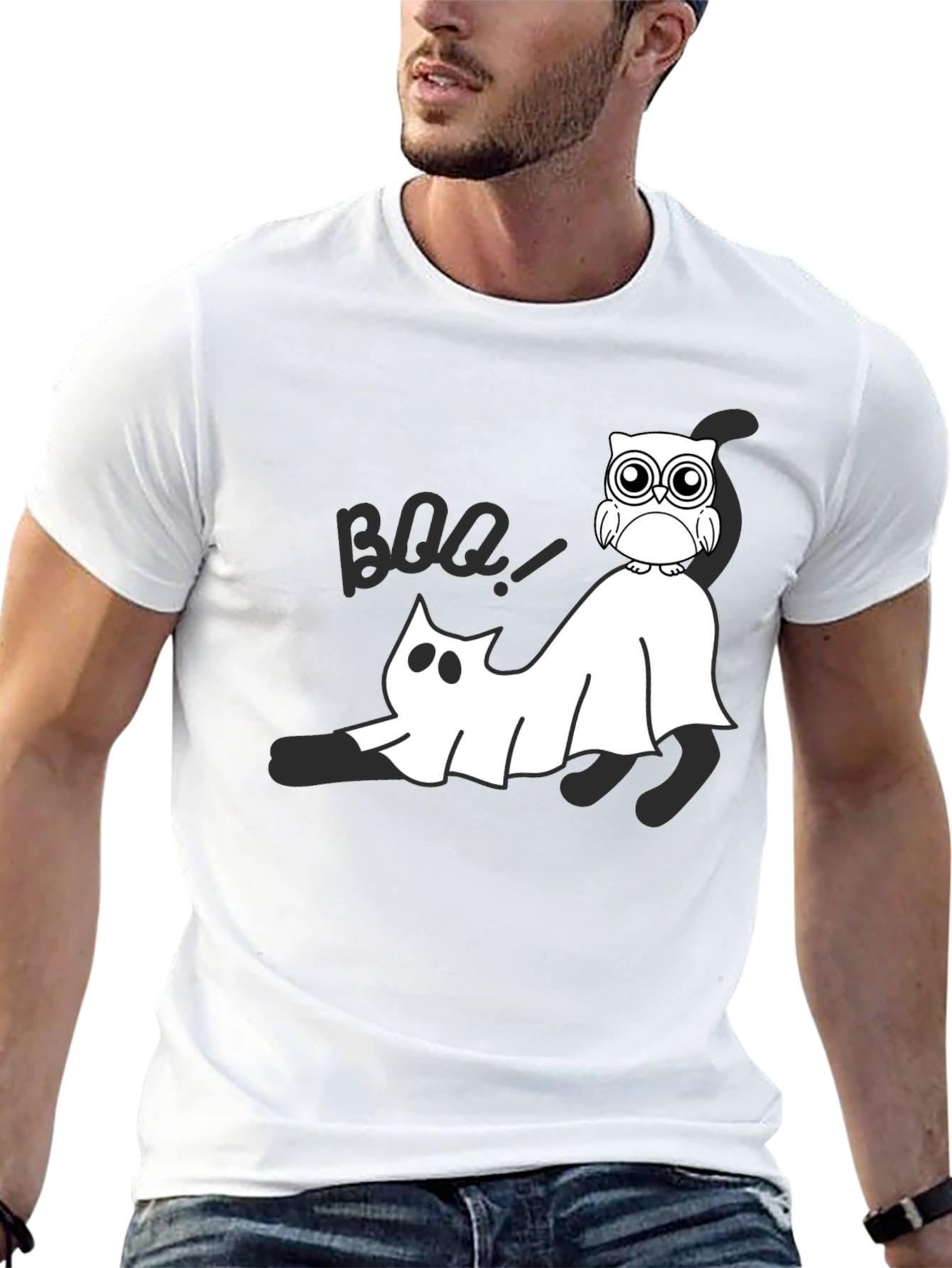 Halloween Owl & Ghost Cat Graphic Tee