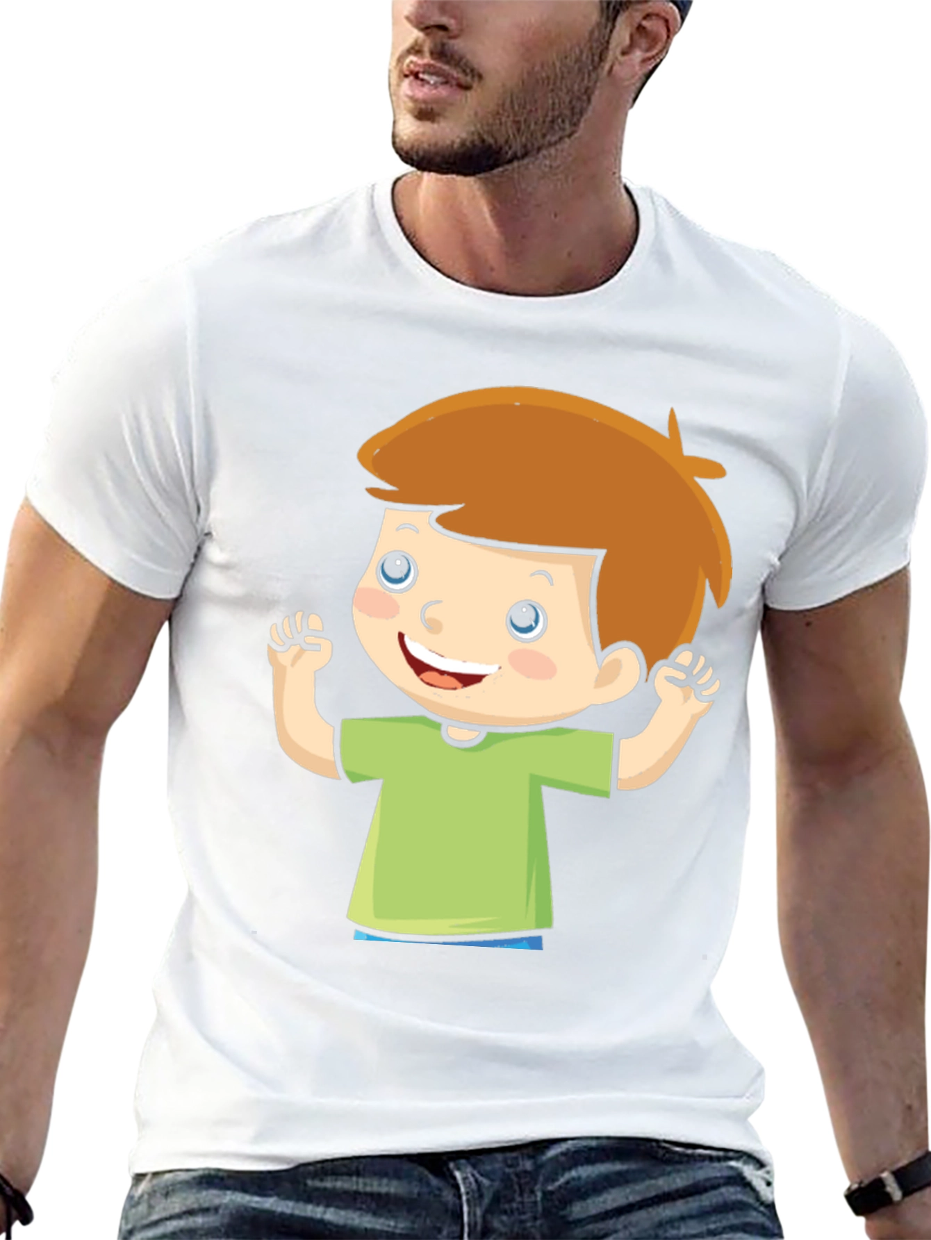 Cartoon Boy Graphic Tee - Black Cotton T-Shirt