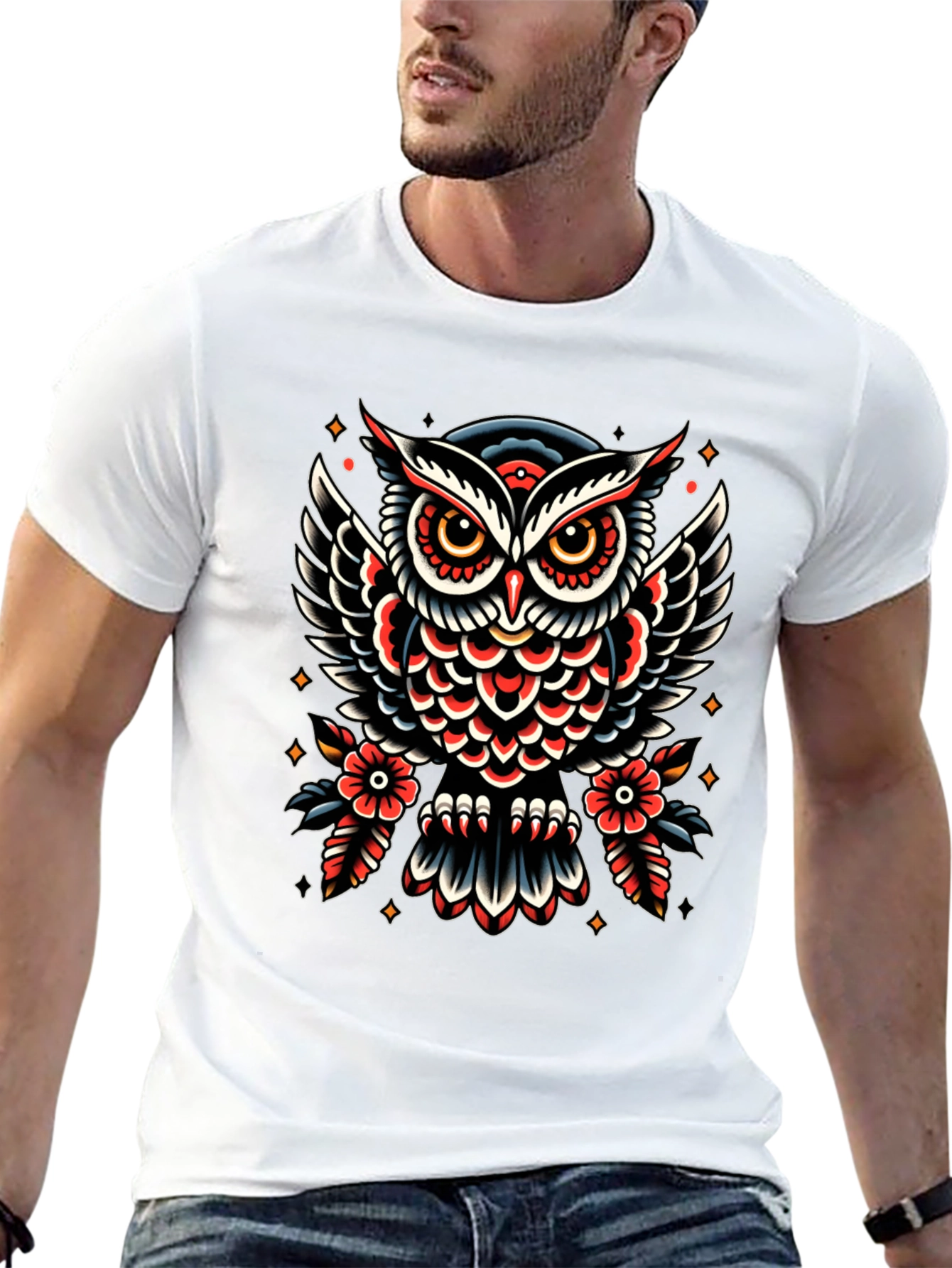 Owl Tattoo Print Black T-Shirt
