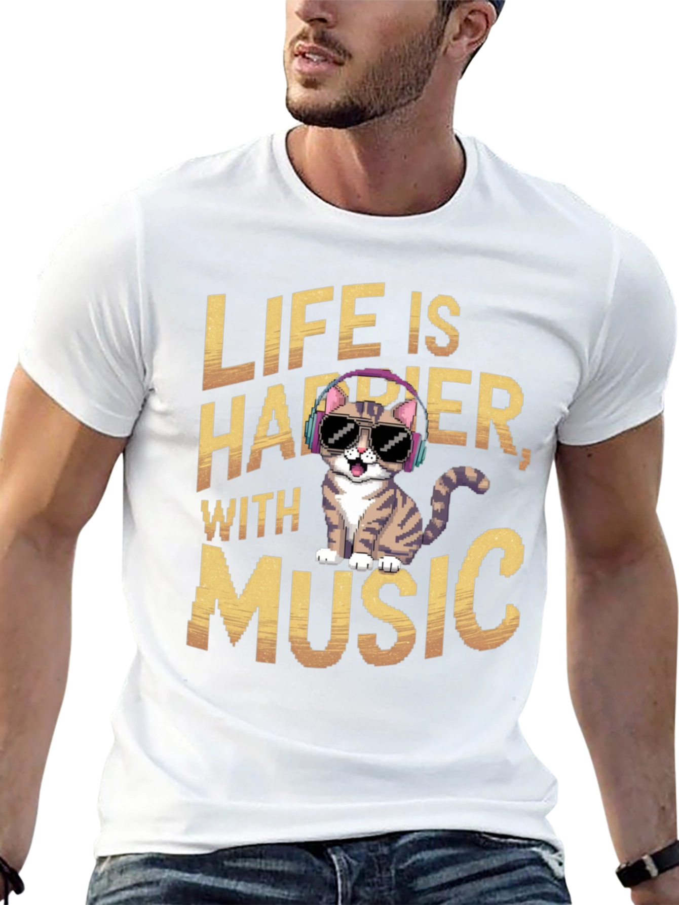 Life is Happier with Music Cat T-Shirt