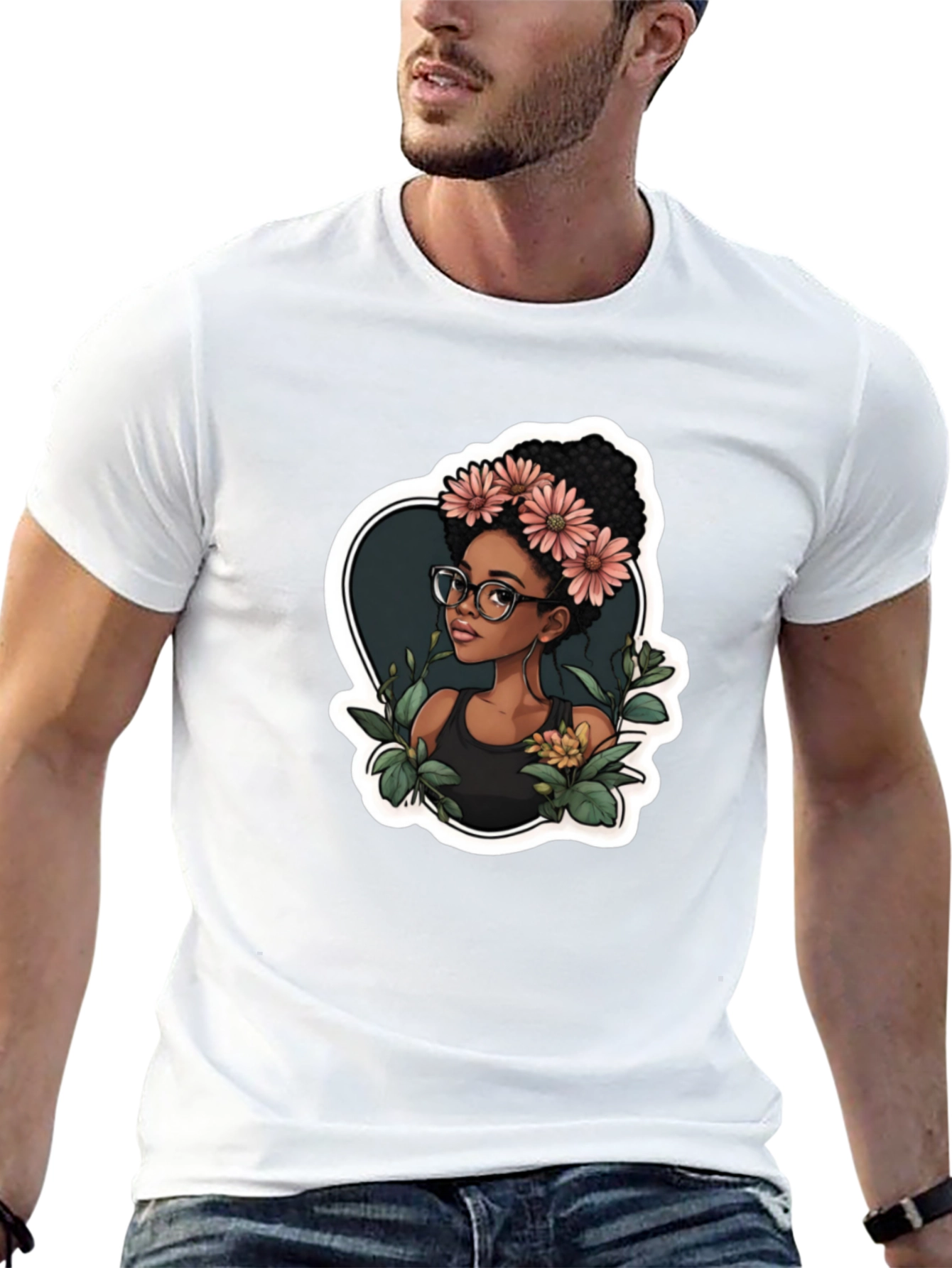 Stylish Black T-Shirt - Woman with Flowers Design