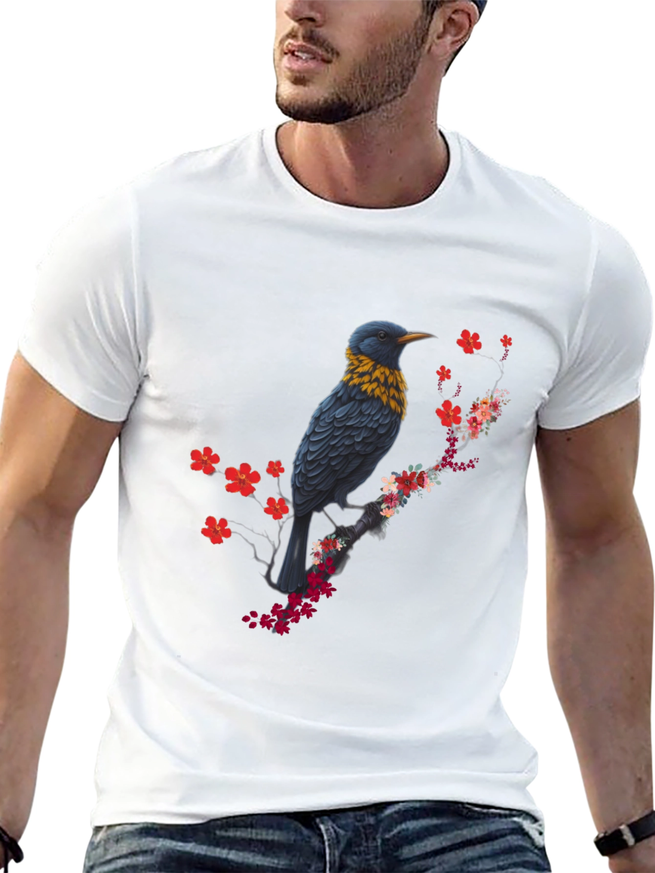 Bird and Blossom Print Black T-Shirt