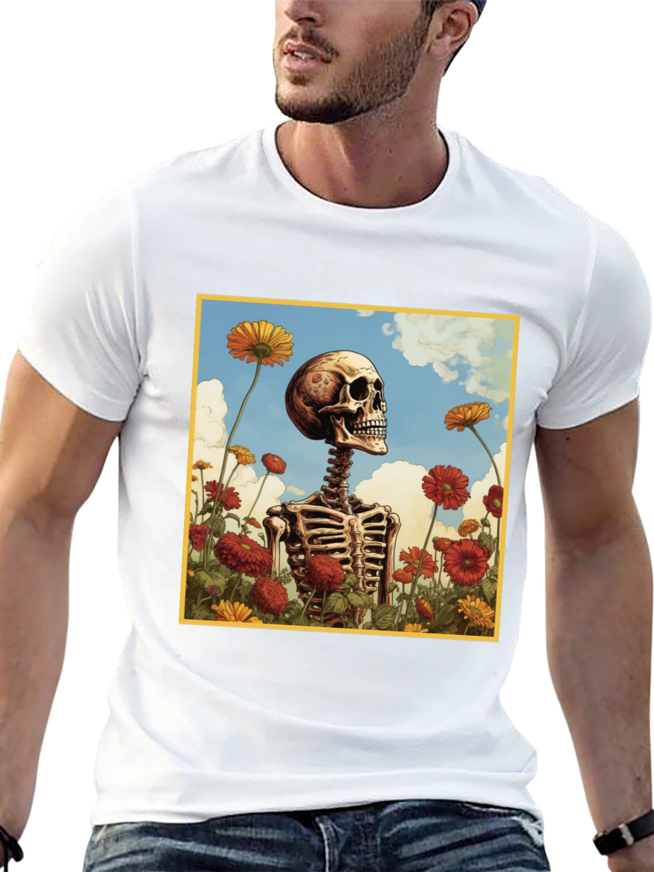 Skeleton in Flower Field Graphic Tee - Black