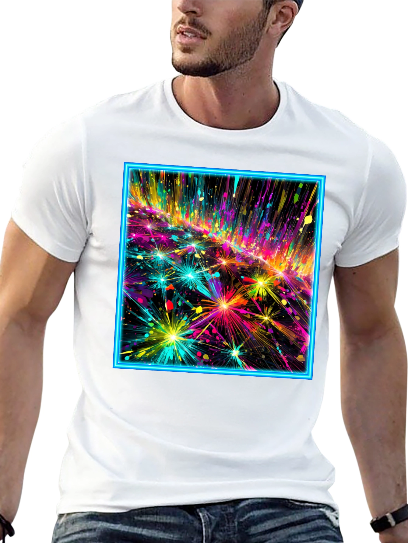 Abstract Neon Fireworks Graphic Black T-Shirt