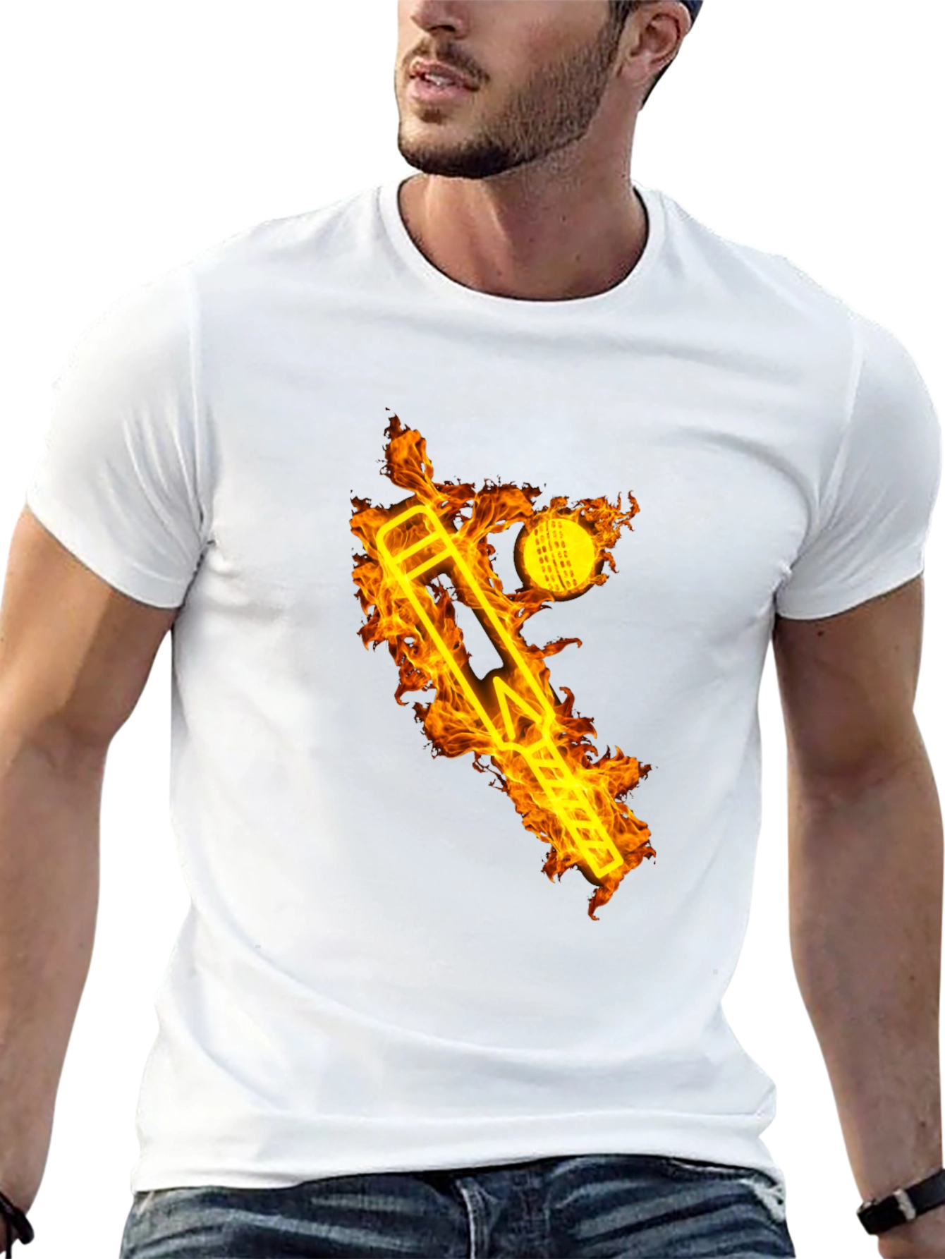 Fiery Cricket Tee - Flaming Bat & Ball Design