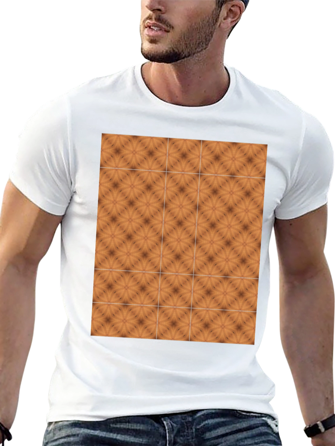Geometric Tile Print Black Crew Neck Tee