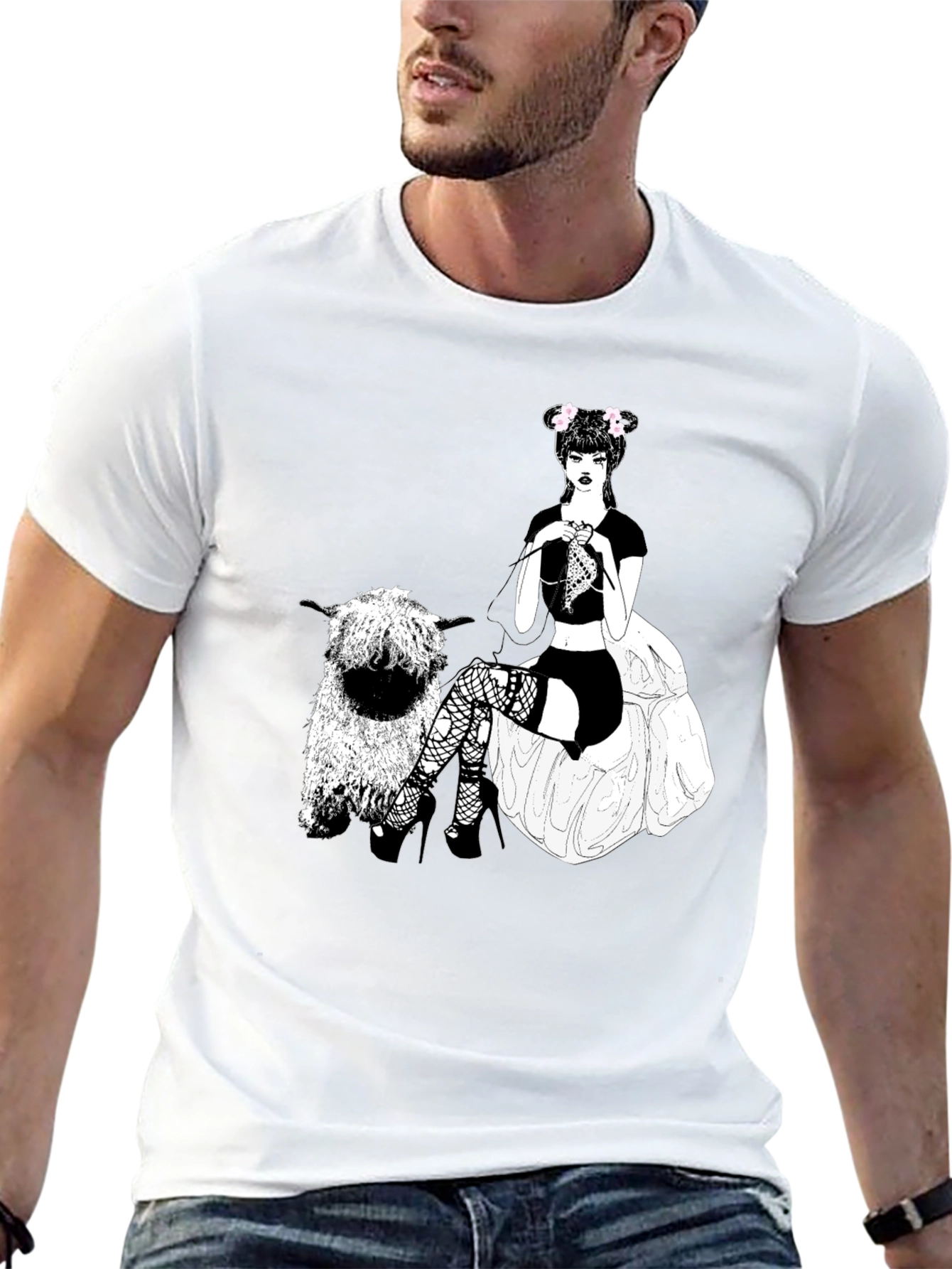 Gothic Girl Knitting Sheep T-Shirt