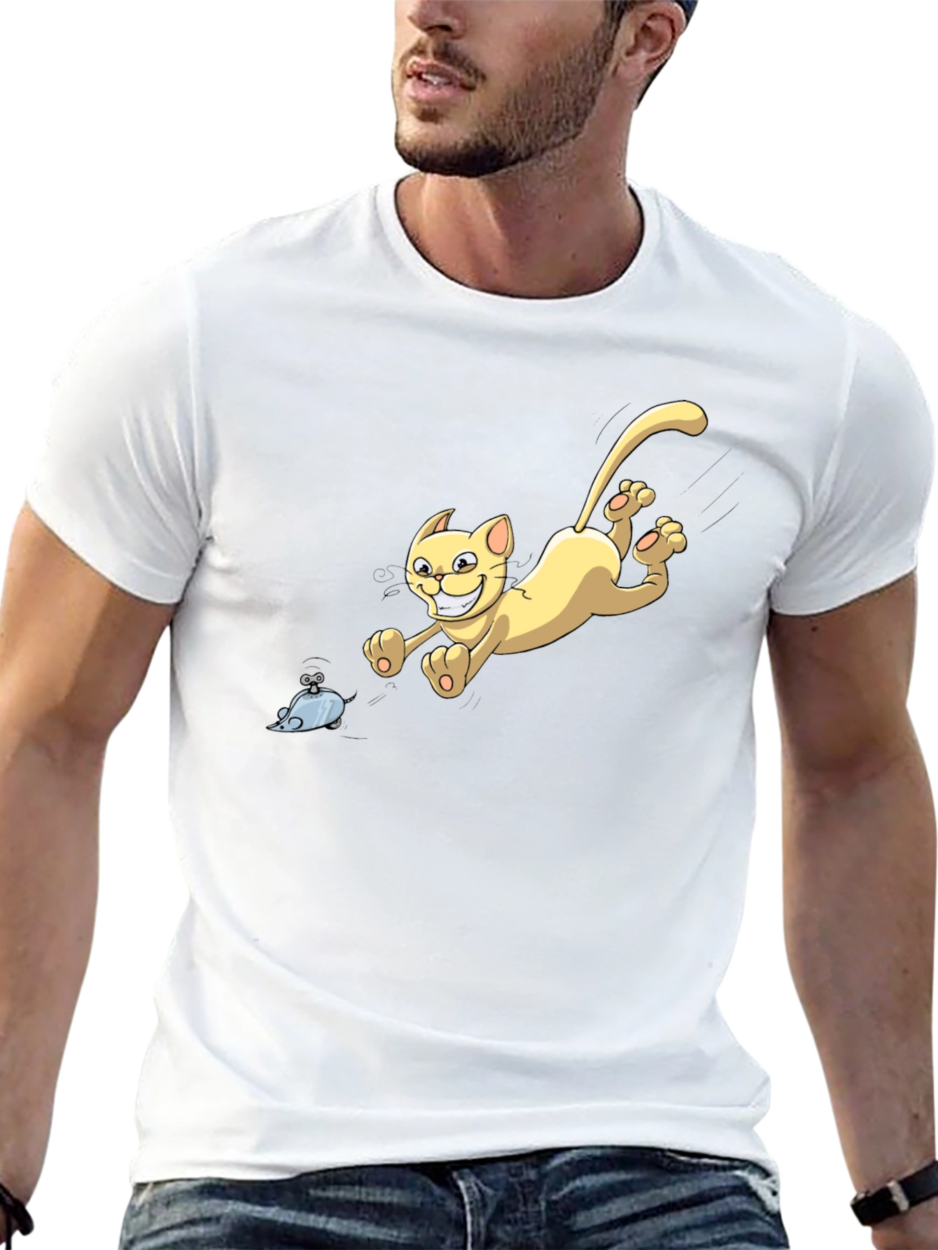 Cartoon Cat Chasing Mouse Graphic T-Shirt