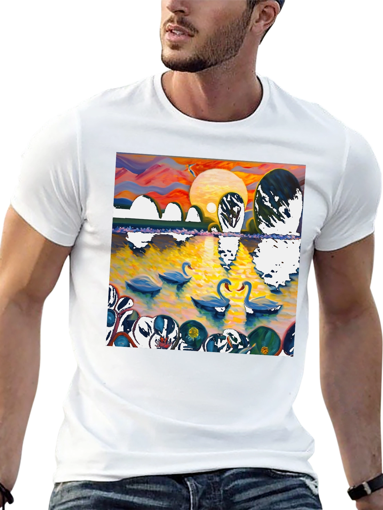Swan Lake Graphic Tee - Impressionist Style Black T-Shirt