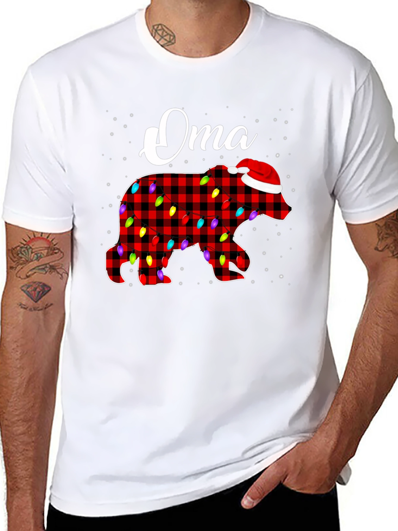 Oma Bear Plaid Christmas Lights T-Shirt