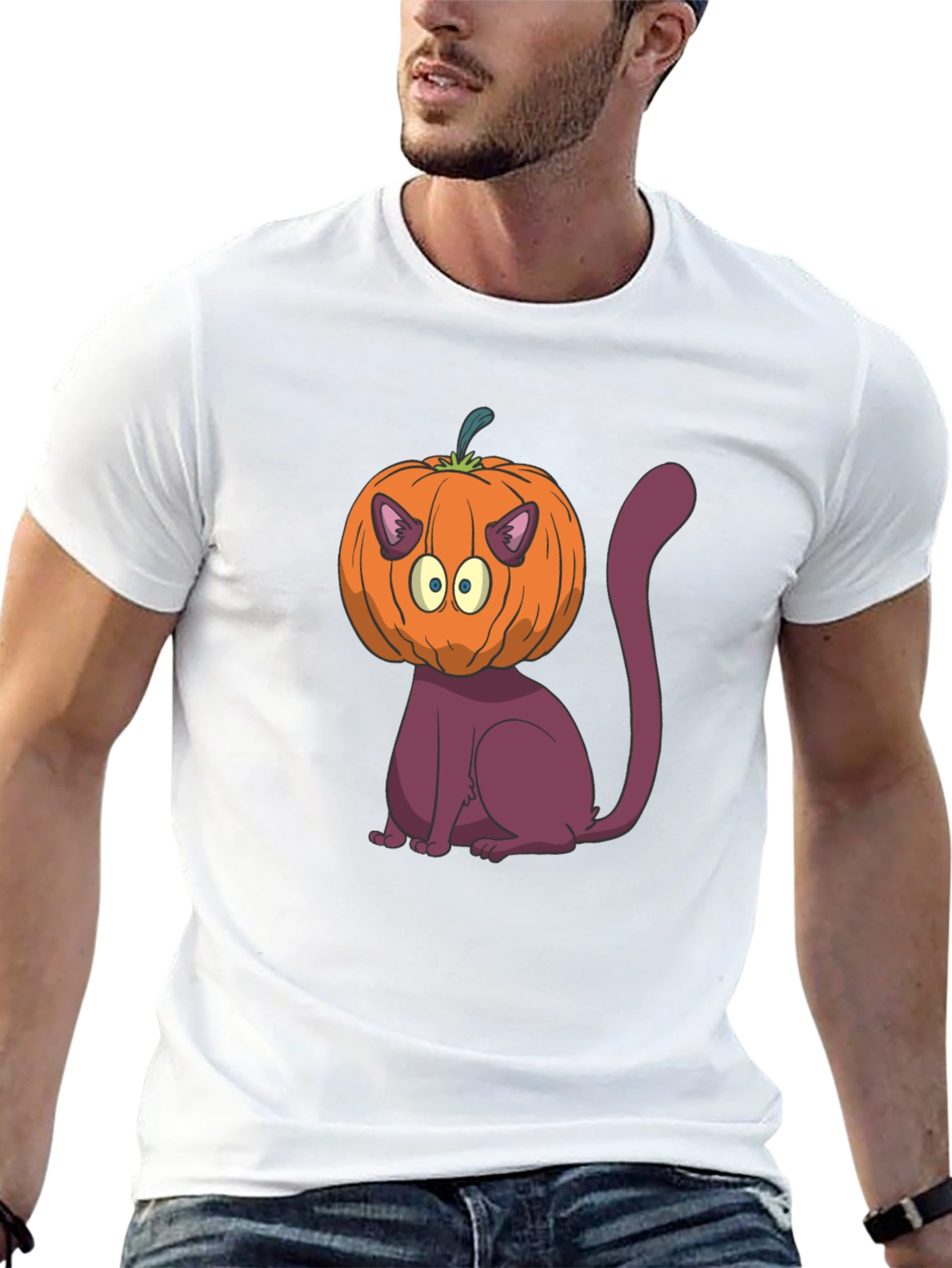 Halloween Cat Pumpkin Head T-Shirt