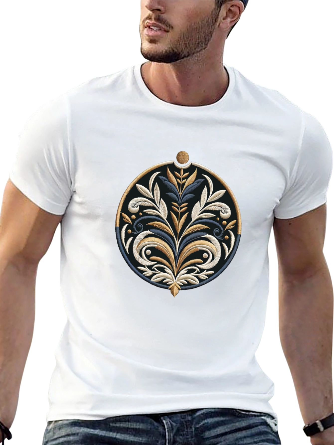 Elegant Floral Embroidered Black T-Shirt